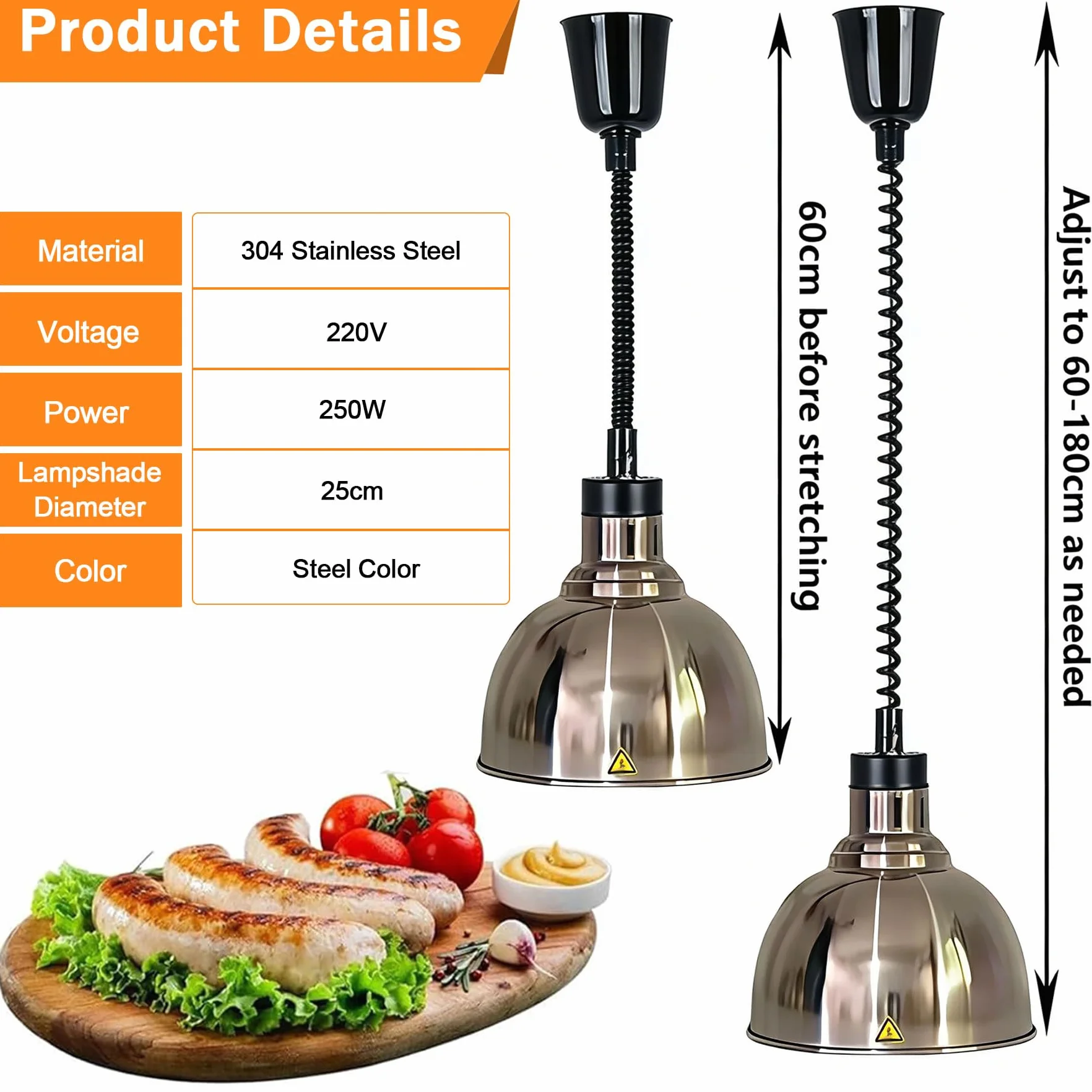 Lámpara de Calor de Alimentos 250W Suspensión Altura Ajustable para Cocina Buffet Restaurante