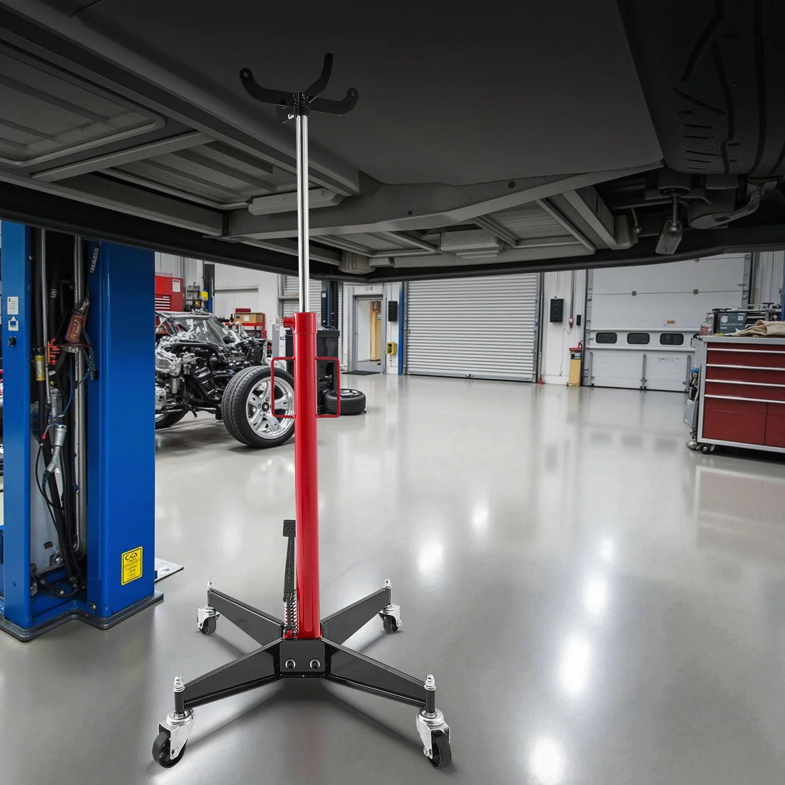 VEVOR Gato Hidráulico para Coche, con Capacidad de Elevación 500 kg, con Pedal, Rueda Giratoria 360°, Altura de Elevación 112-187 cm, para Taller/Garaje, Rojo y Negro, 640 x 575 x 1140–1890 mm