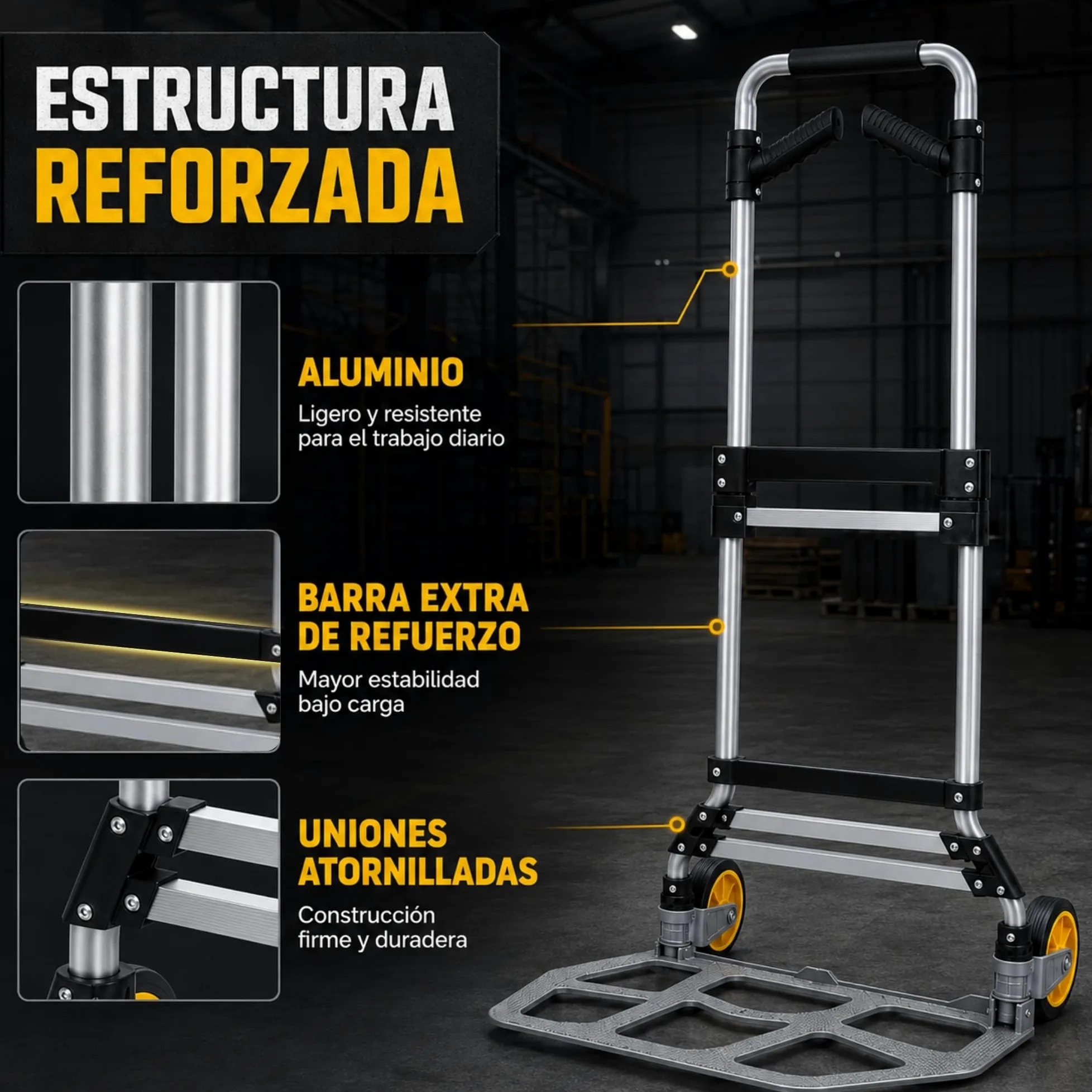 UZIRO Carretilla Plegable con Ruedas de Aluminio, con Mango Telescópico y Soporte Extra, Capacidad de 150 Kg, Plataforma Abatible y 2 Ruedas, Carretilla de Mano Plegable, Carro Transporte Plegable