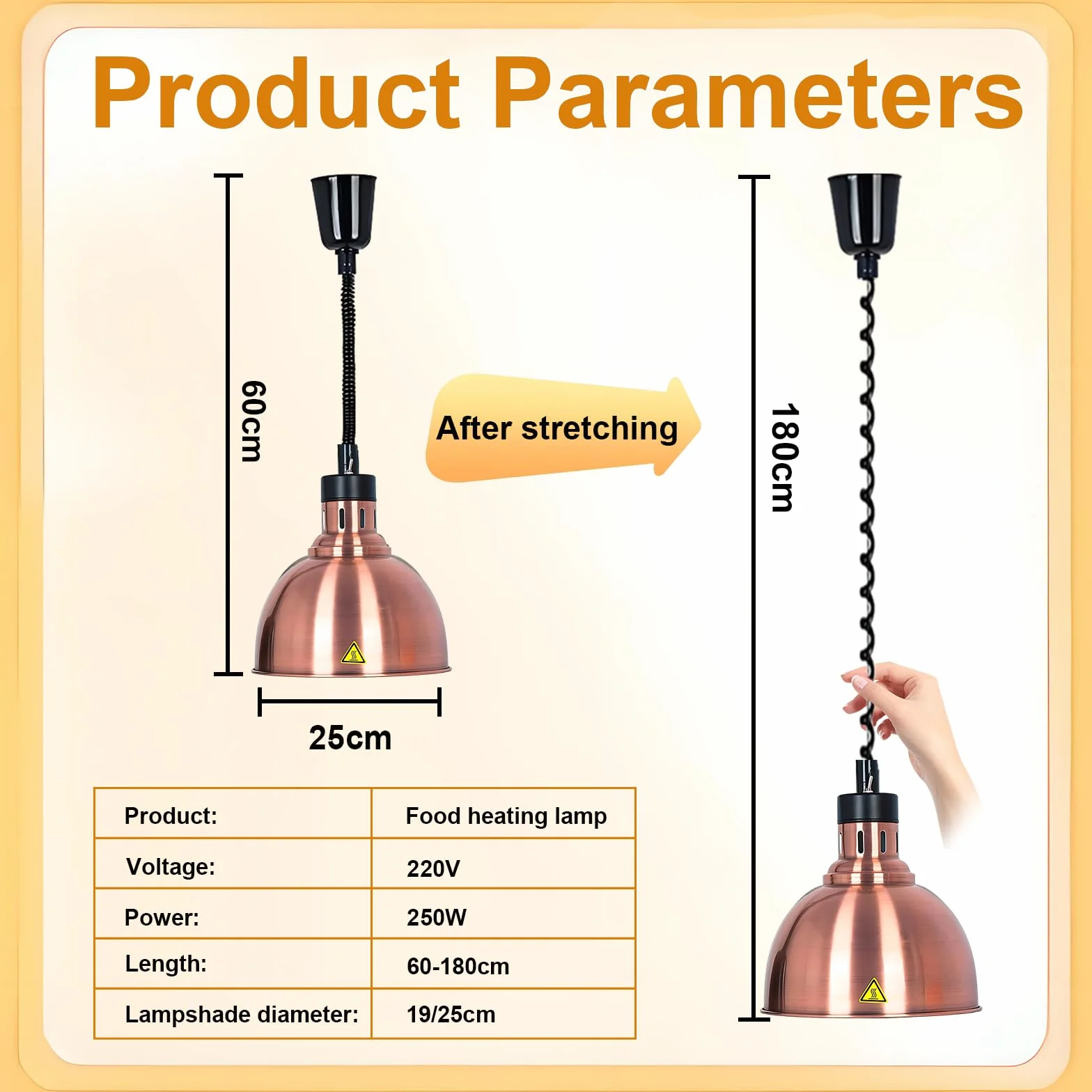 Lámpara de Calor Hostelería 250W Extensible Suspensión Calienta Platos B-25cm 1 Pieza