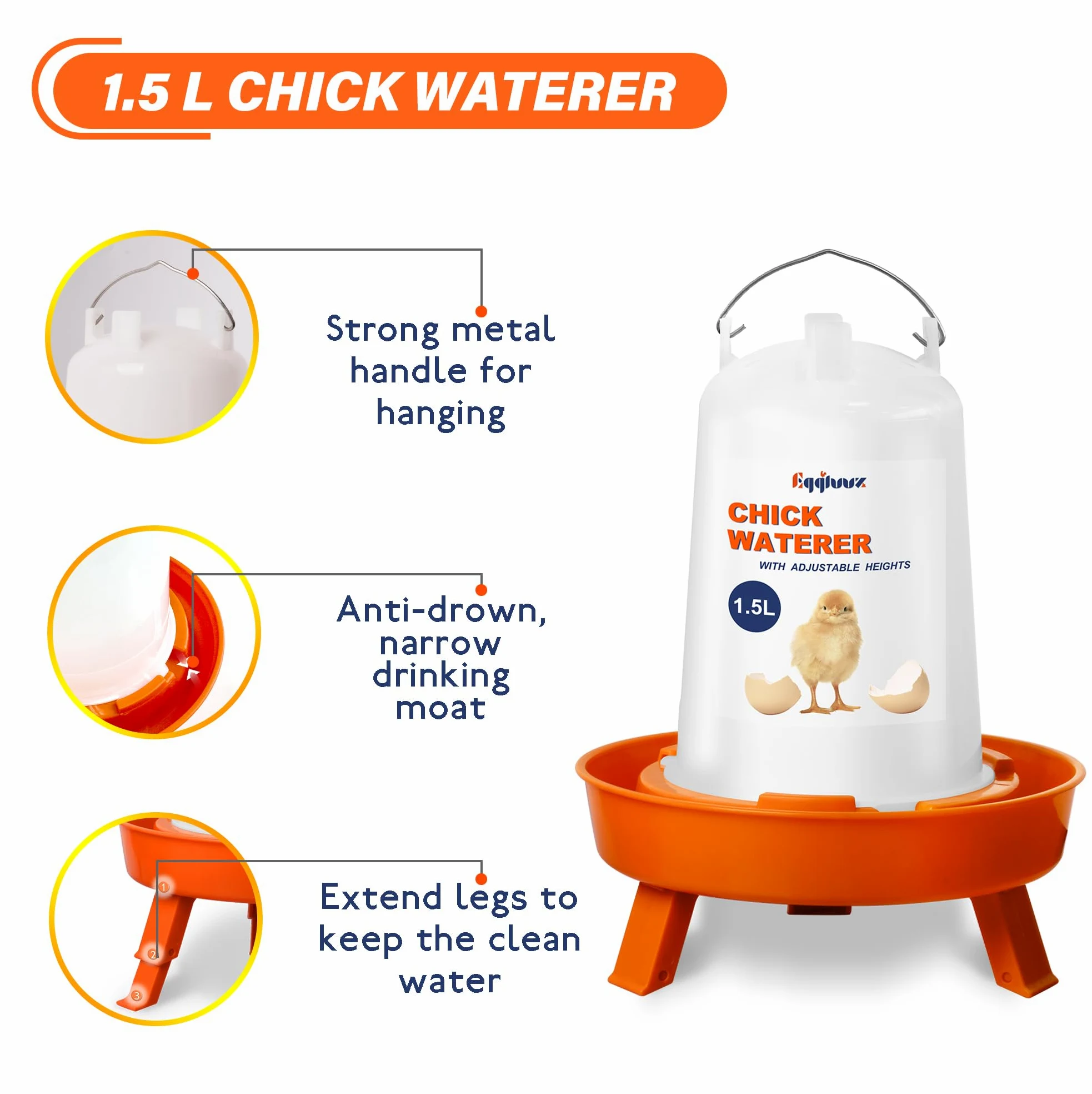 Eggluuz Kit de comedero y bebedero para pollitos, comedero para pollitos de 3 kg y bebedero para pollitos de 1,5 L con 3 alturas ajustables