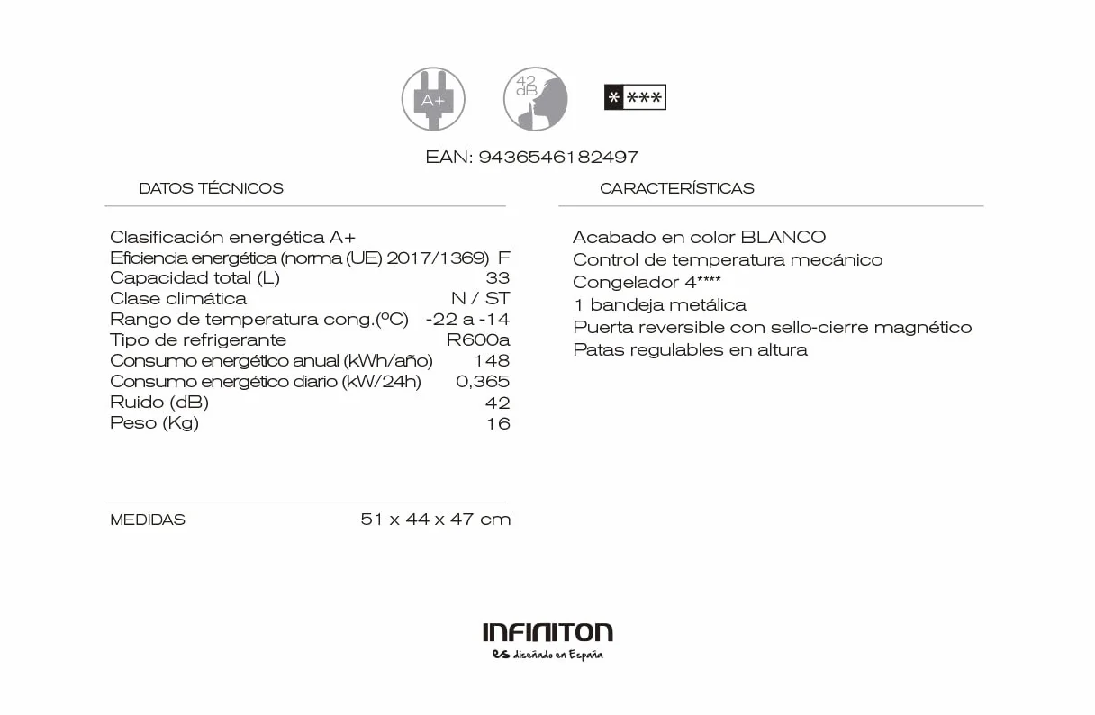 INFINITON CV-A52B Congelador vertical mini 33 litros Blanco Control temperatura mecánico Puerta reversible Clase A+/E