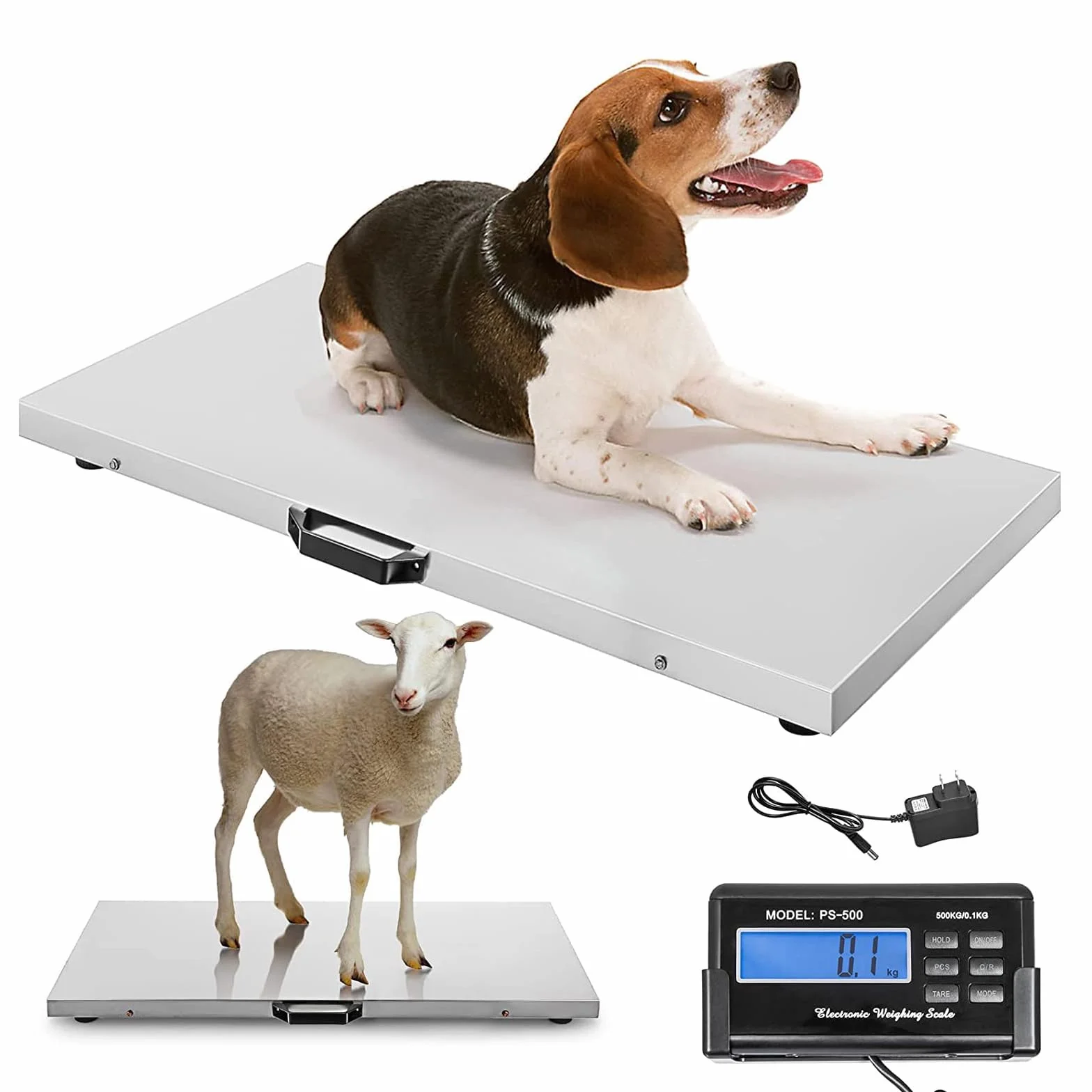 Báscula de suelo, báscula para mascotas, báscula de paquete, báscula veterinaria, plataforma de acero inoxidable, 103 x 53 cm, LCD externa, unidad de pesaje kg/oz/lb