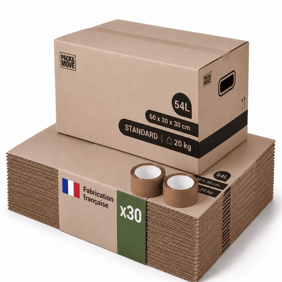 Pack and Move - Lote de 30 cajas de almacenamiento estándar, 60 x 30 x 30 cm, asas reforzadas, 2 adhesivos