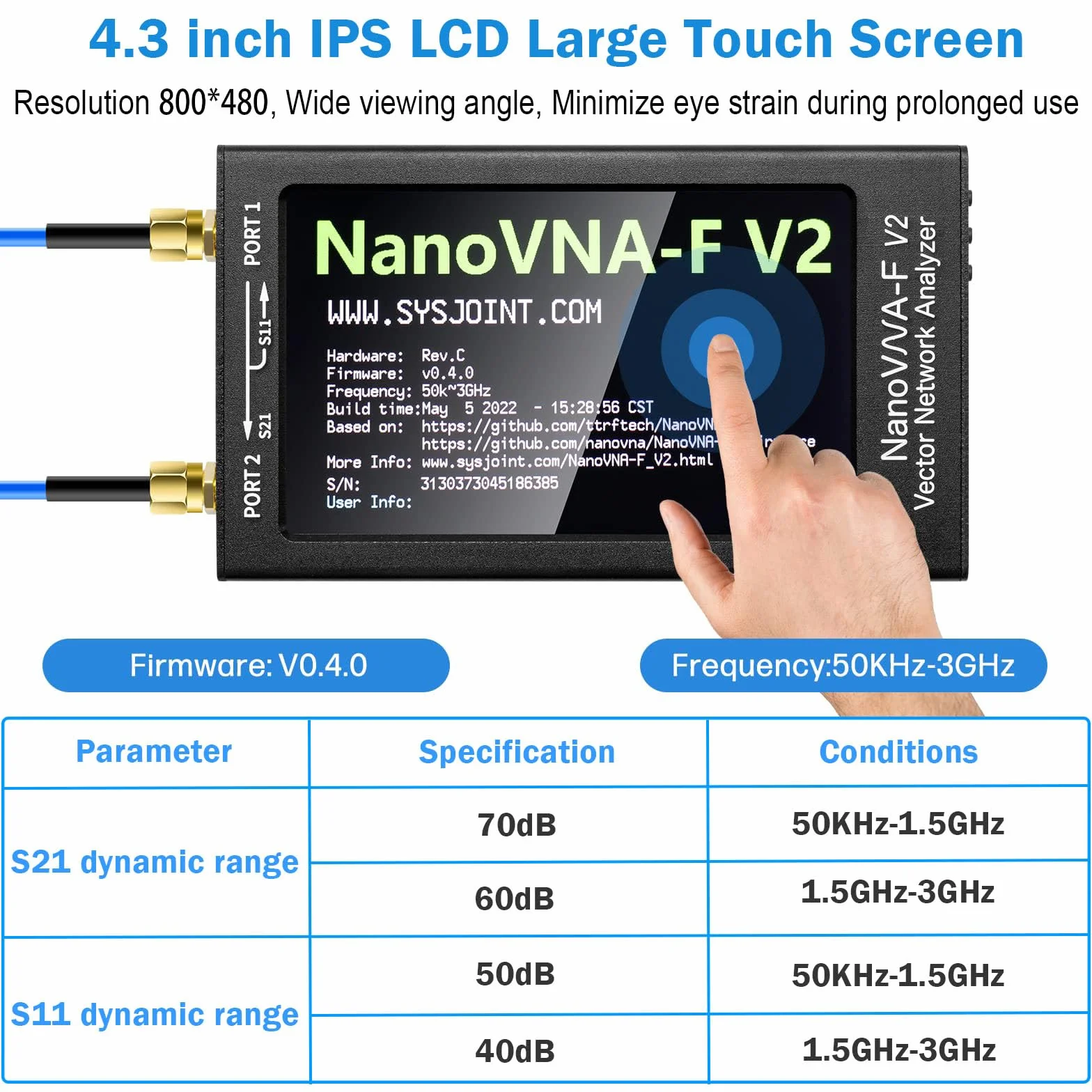 AURSINC NanoVNA-F V2 Analizador de Redes Vectoriales 50KHz-3GHz HF VHF UHF VNA Pantalla de 4,3 Pulgadas Analizador de Antena Medición de S-Parameter,Voltaje SWR, Fase, Retardo, Smith Chart