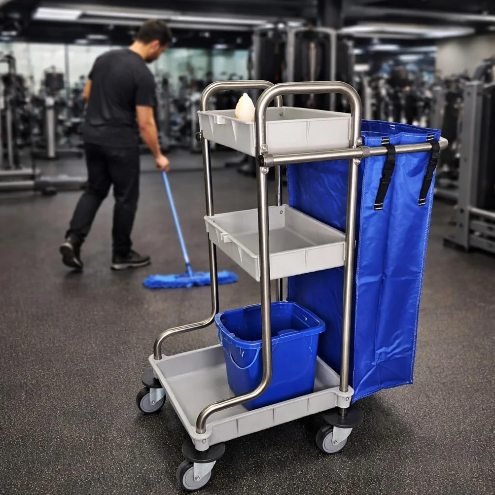 Carro de Limpieza Profesional Acero INOX 18/8 con 3 ESTANTES de Polipropileno, Ruedas de 100mm con Protector y Bolsa de 70L