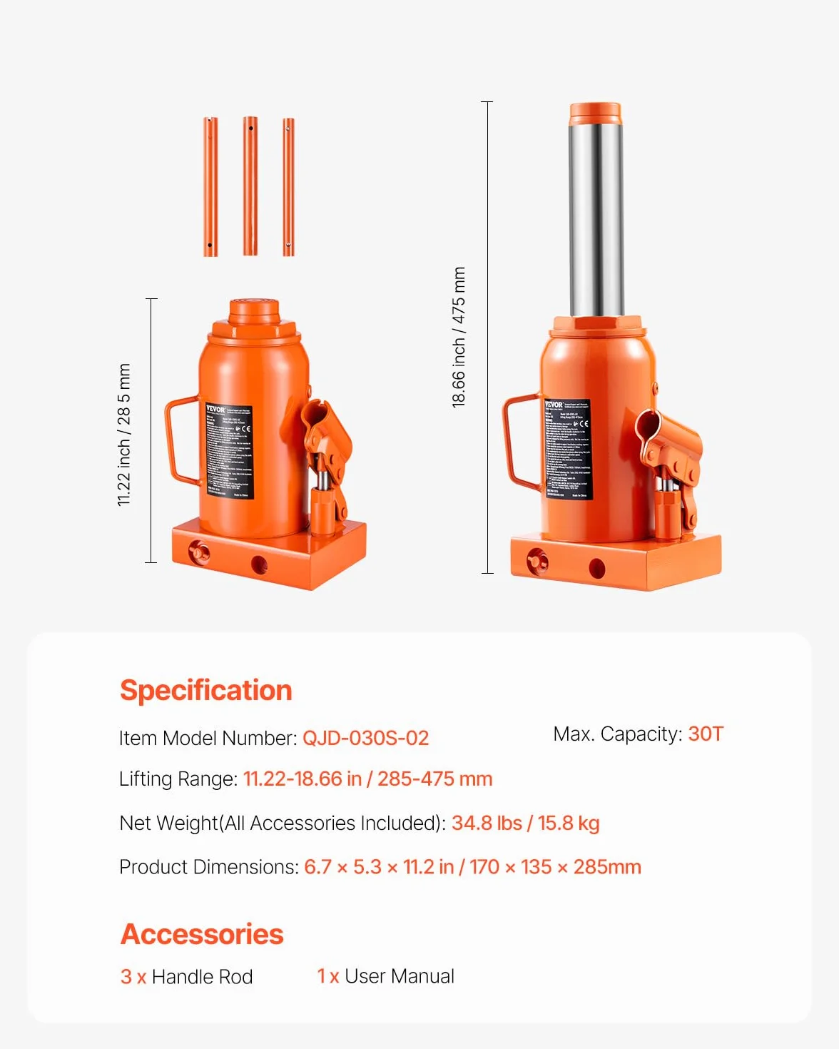 VEVOR Gato Hidráulico de Botella 30 T Manual Rango Elevación 285-475 mm Mango Largo 3 Secciones