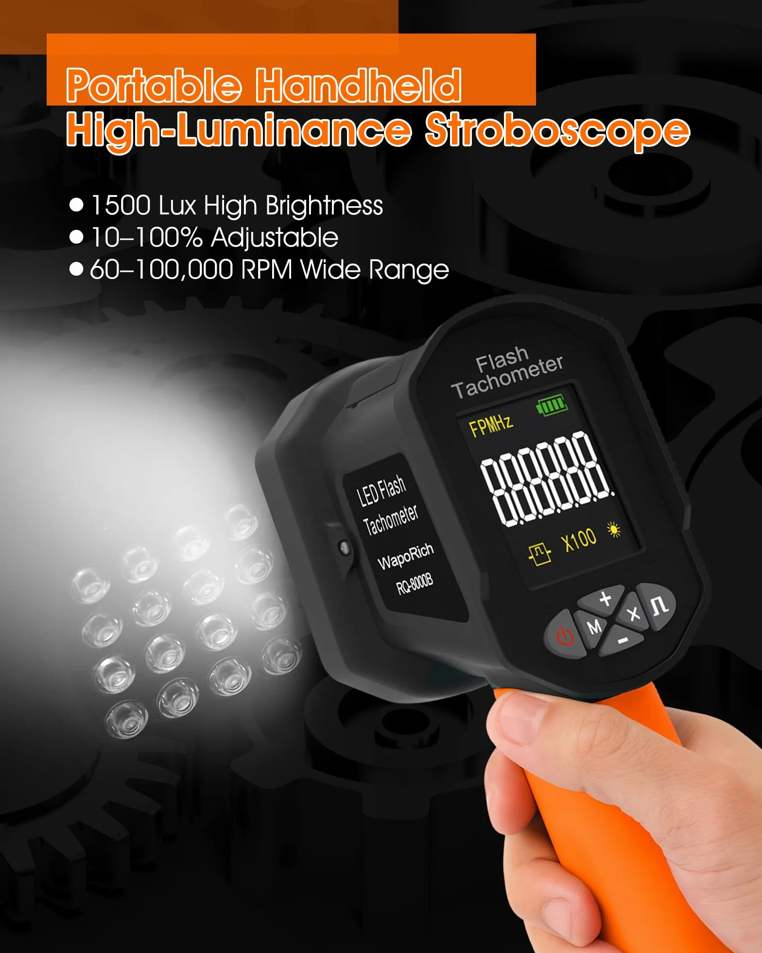 Estroboscopio LED Tacómetro Digital Sin Contacto 60-100.000 RPM Recargable USB Pantalla LCD