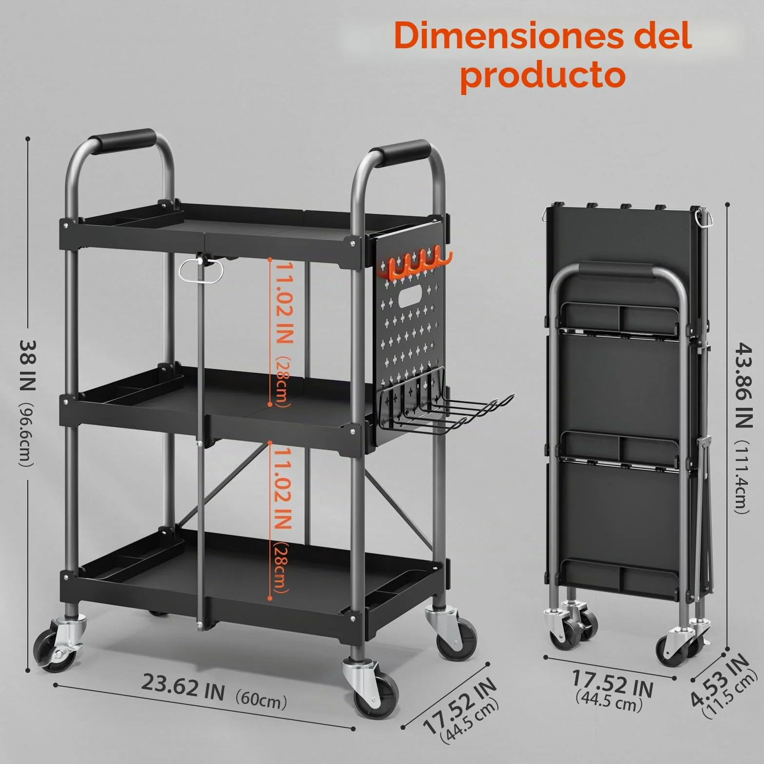 KINGRACK Carro de Herramientas con Ruedas de 3 Estantes y Mango Ergonómico, Carro de Servicio Plegable, Carro Auxiliar Taller Organizador con Placas Colgantes para Hogar Oficina Garaje Almacén, Negro