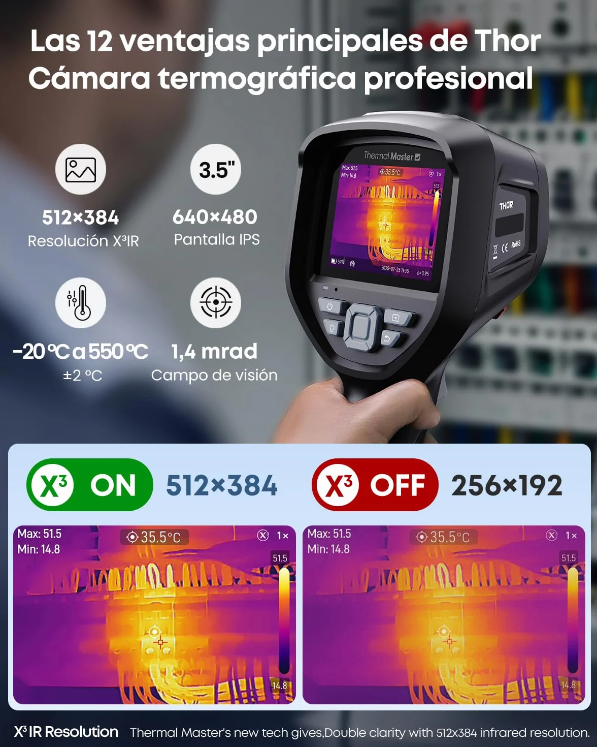 Thor 002 Cámara Térmica Portátil, Resolución 512×384 px, 25Hz, Pantalla IPS 3,5", -20°C a 550°C, WiFi & App/PC Análisis, IP54 para Electricidad, Industria y HVAC