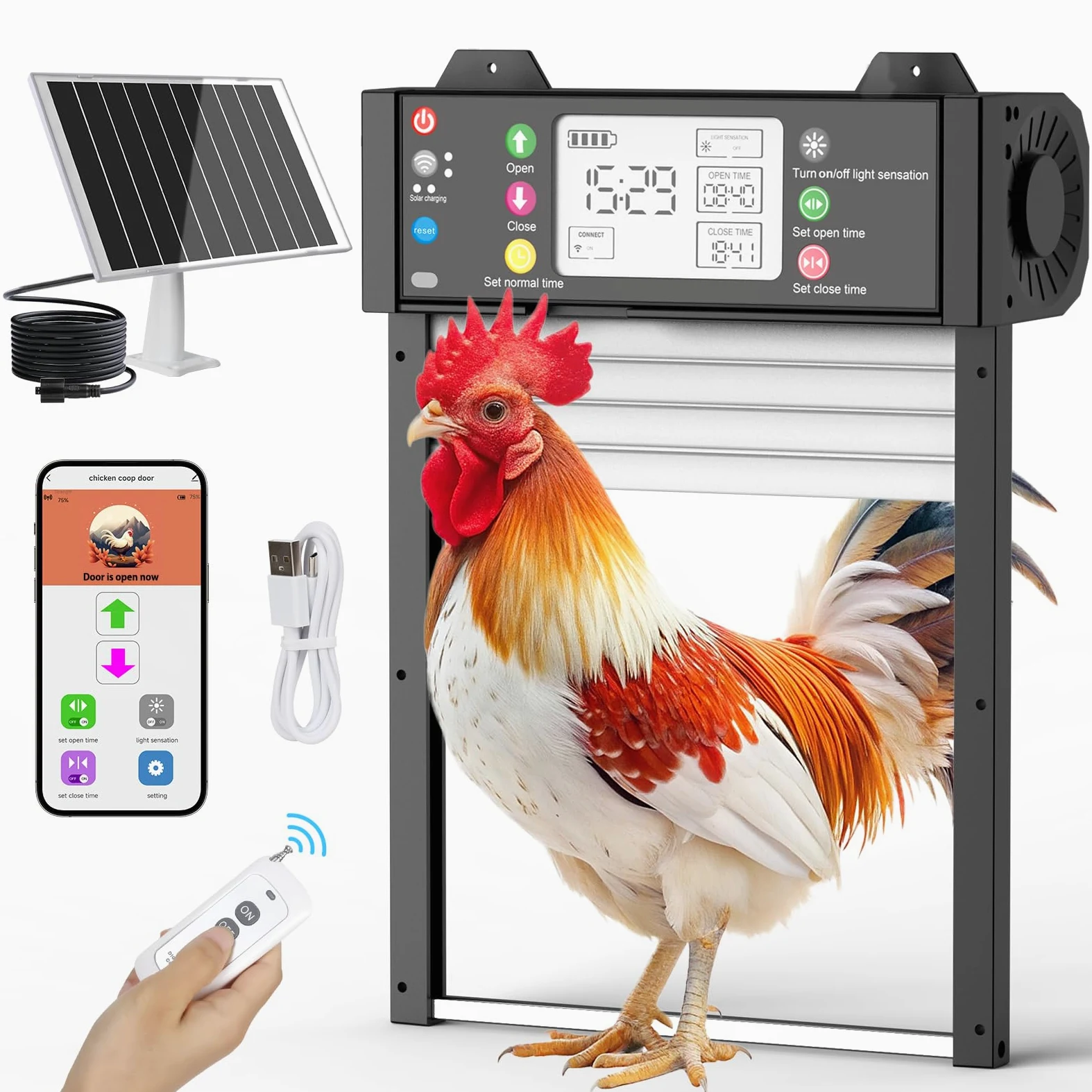 Puerta automática de pollo solar con aplicación TUYA y mando a distancia, estado en tiempo real, recargable por USB, conexión WiFi automática, temporizador y sensor de luz, protección contra