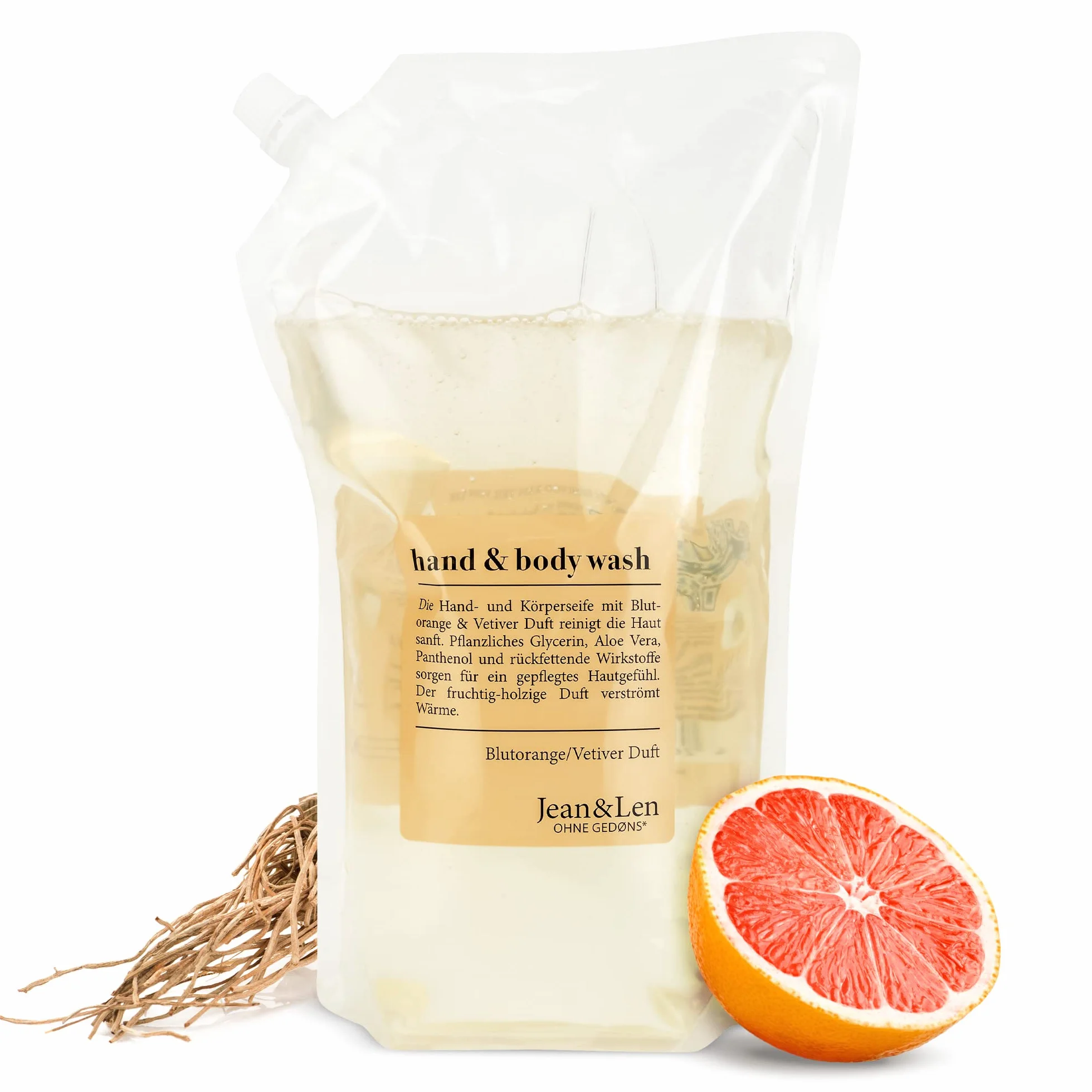 Jean & Len Hand & Body Wash Naranja sanguina y vetiver, jabón líquido en recarga, vegano, 1,5 L