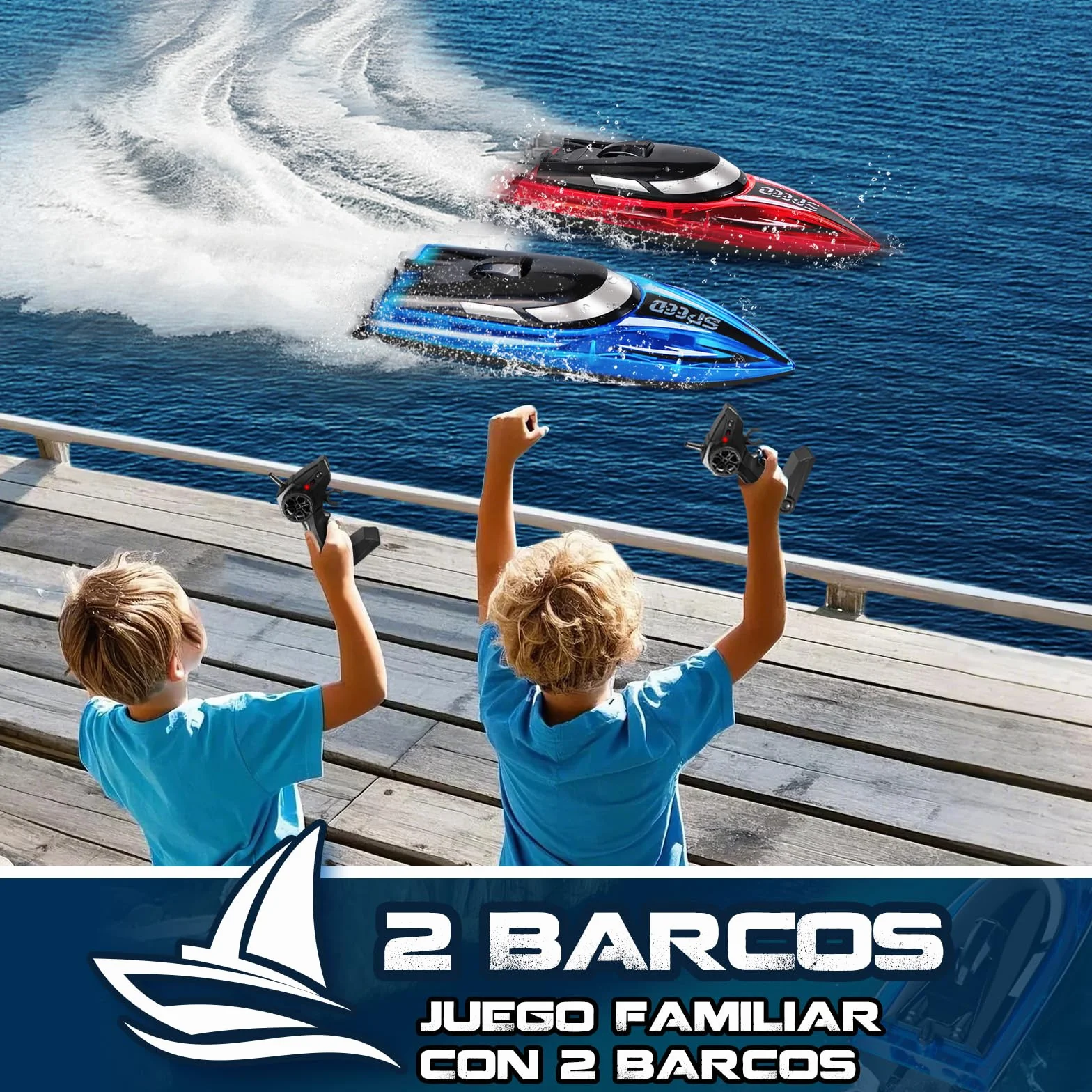 Barco Teledirigido 2.4GHz con Luces LED, Alarma de Batería Baja, 2 Piezas, RC Regalo para Niños y Adultos (Rojo + Azul)