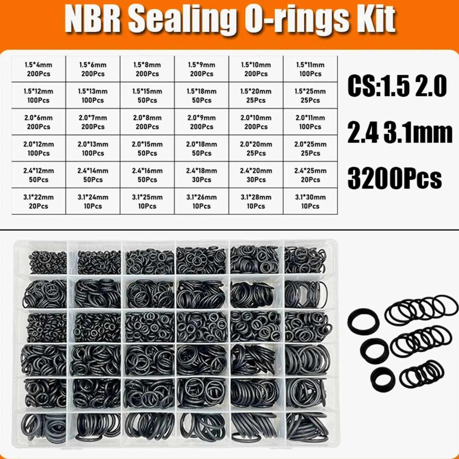 Junta tórica de sellado 2840p, junta tórica de NBR, junta de plomería, resistente al aceite, alta temperatura, CS, 1,0-3,1 mm Junta filtro de aceite(Black 3200pcs)