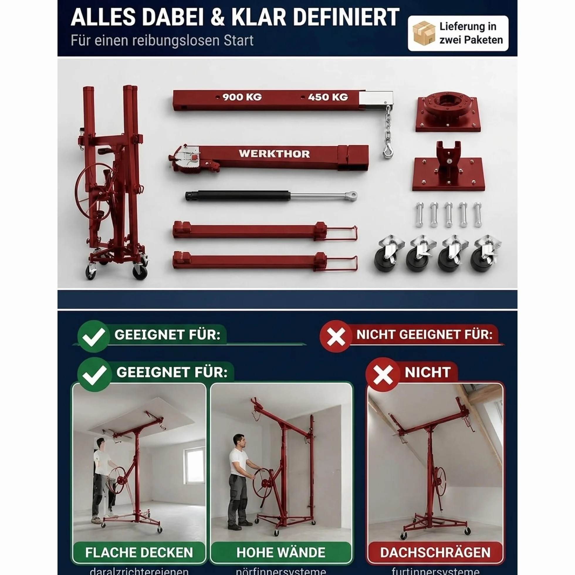 Werkthor Elevador de placas XXL de hasta máx. 68 kg, altura 140-350 cm, elevador de placas de yeso para placas de yeso y placas de yeso, elevador de placas de yeso con 3 ruedas y freno de