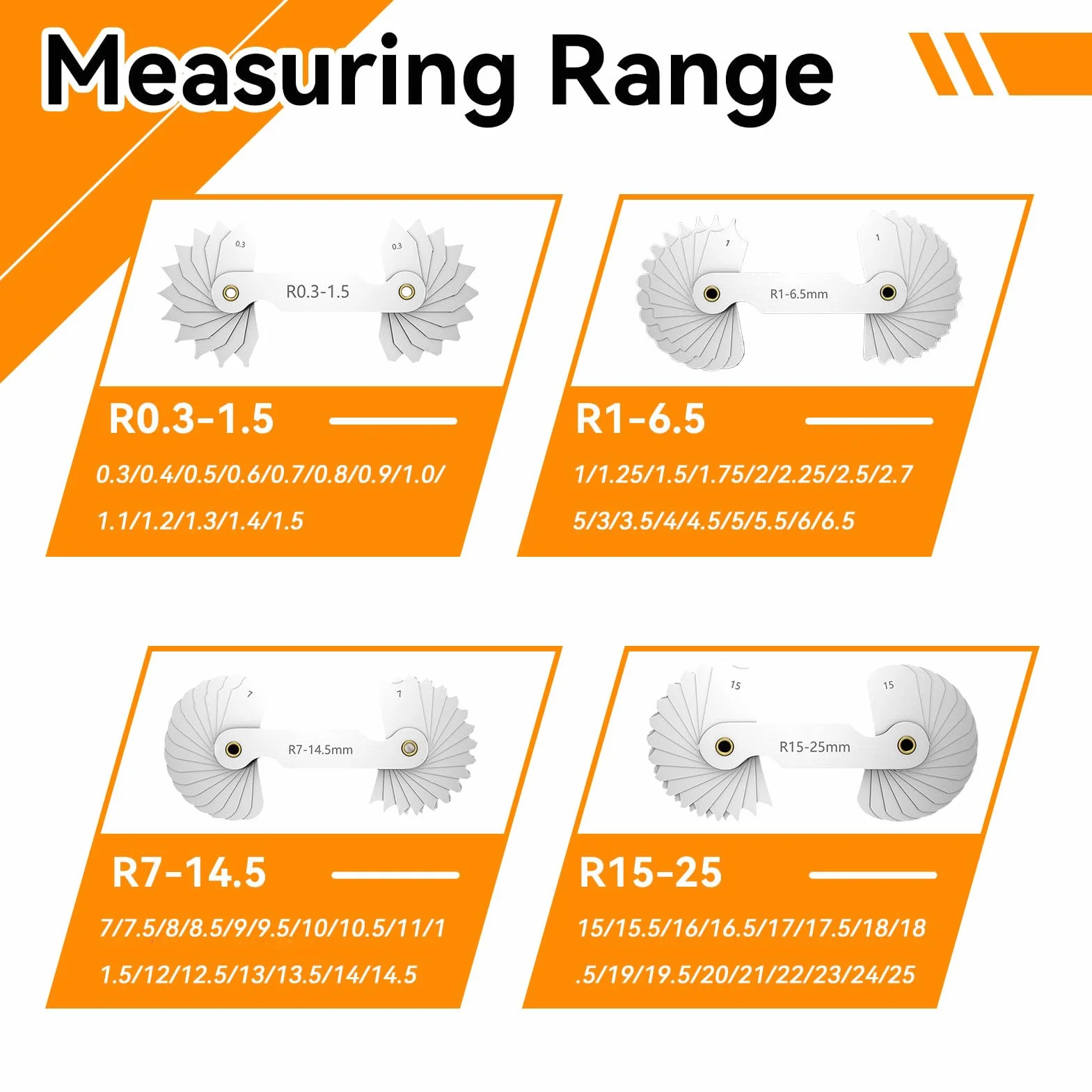 Medidor de radio de acero inoxidable R0.3-1.5 R1-6.5 R7-14.5 R15-25 4 herramientas
