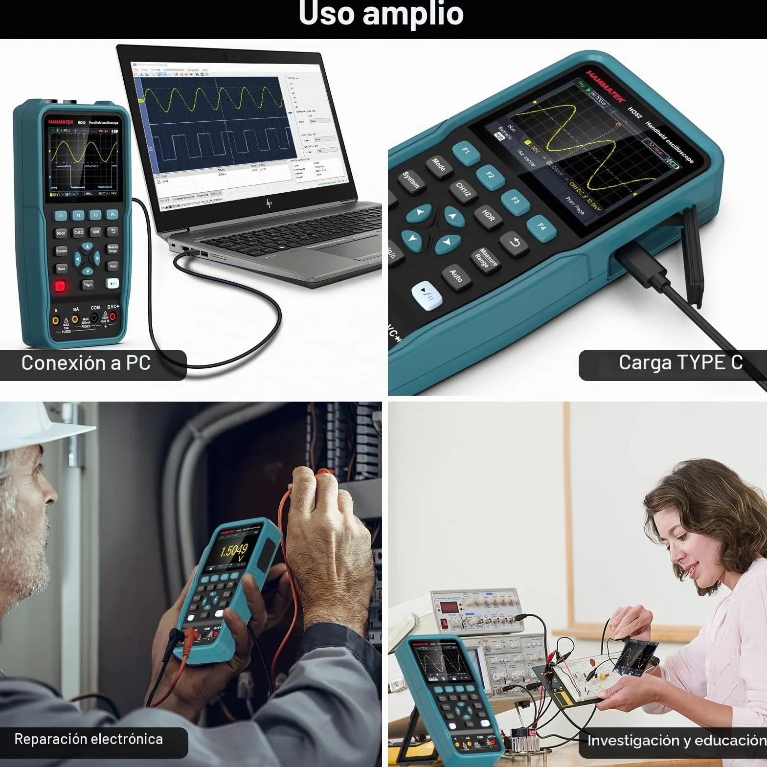 Osciloscopio Digital, HANMATEK HO52 Mini Osciloscopio TFT de 3,5", Osciloscopio y Multímetro 2 IN 1, Pantalla Retroiluminada, Función Autocalibración, 7 Medidas Automáticas, Función Memoria