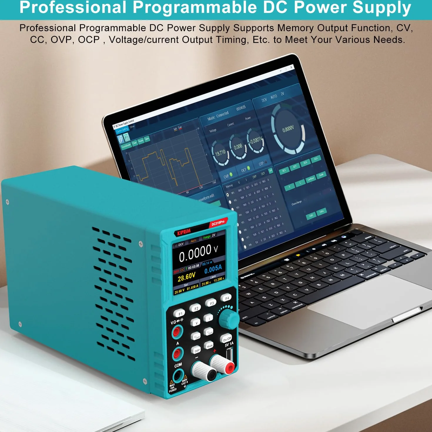 Kiprim 2 en 1 Fuentes de Alimentación de Laboratorio y Multímetro Programable(0-30 V, 0-10 A) Fuentes de Alimentación Regulables DC310Pro con Memoria de Datos, OCP, OVP, Software para PC y Carga USB