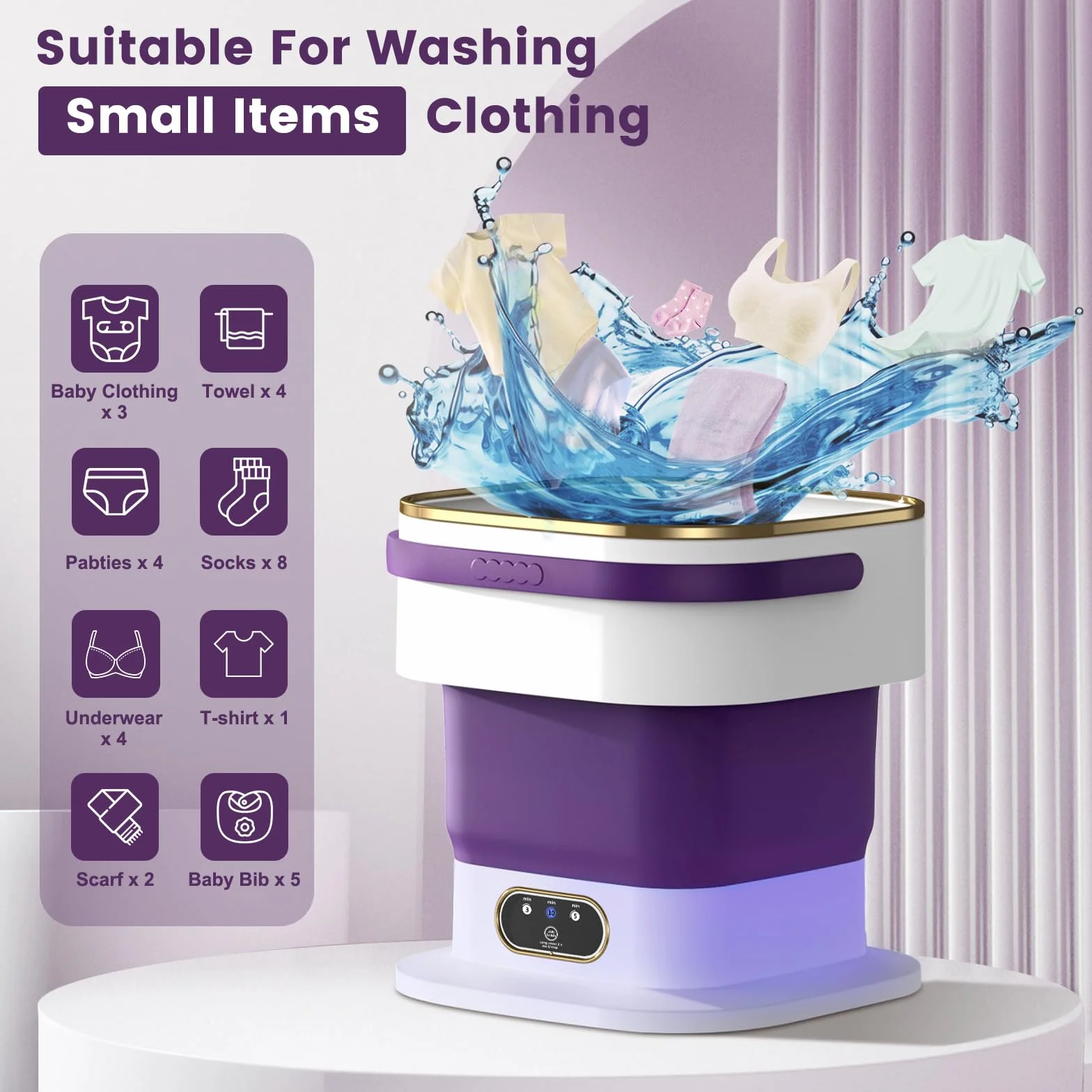 Lavadora Portátil Mejorada 15 Litros 3 Programas Lavado con Centrifugado Plegable Morado