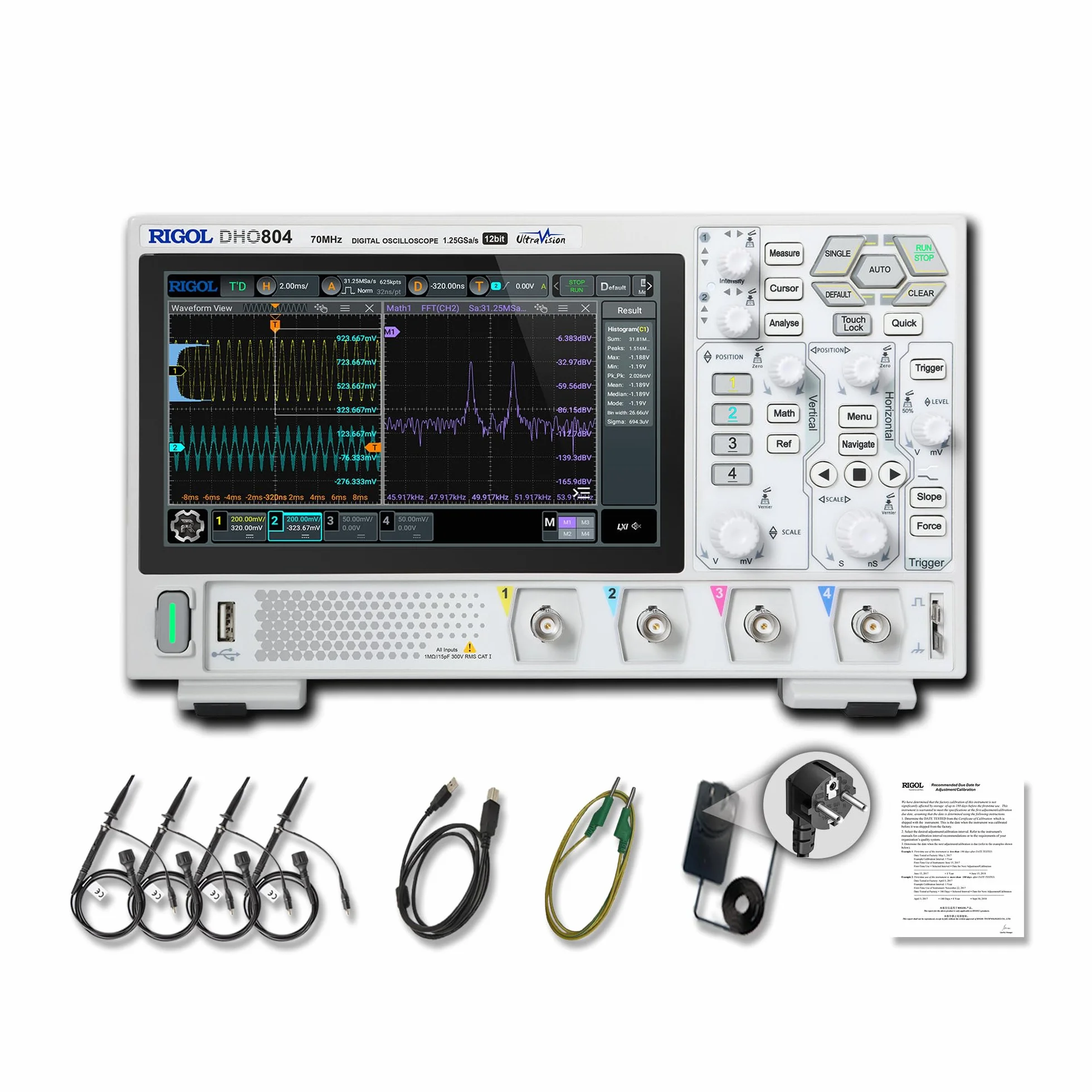 RIGOL Osciloscopio,DHO804 Osciloscopio Digital Portatil,70MHz,4A canal,Resolución de 12 bits,Pantalla táctil HD 7",compatible con batería externa,ideal para pruebas en campo y enseñanza