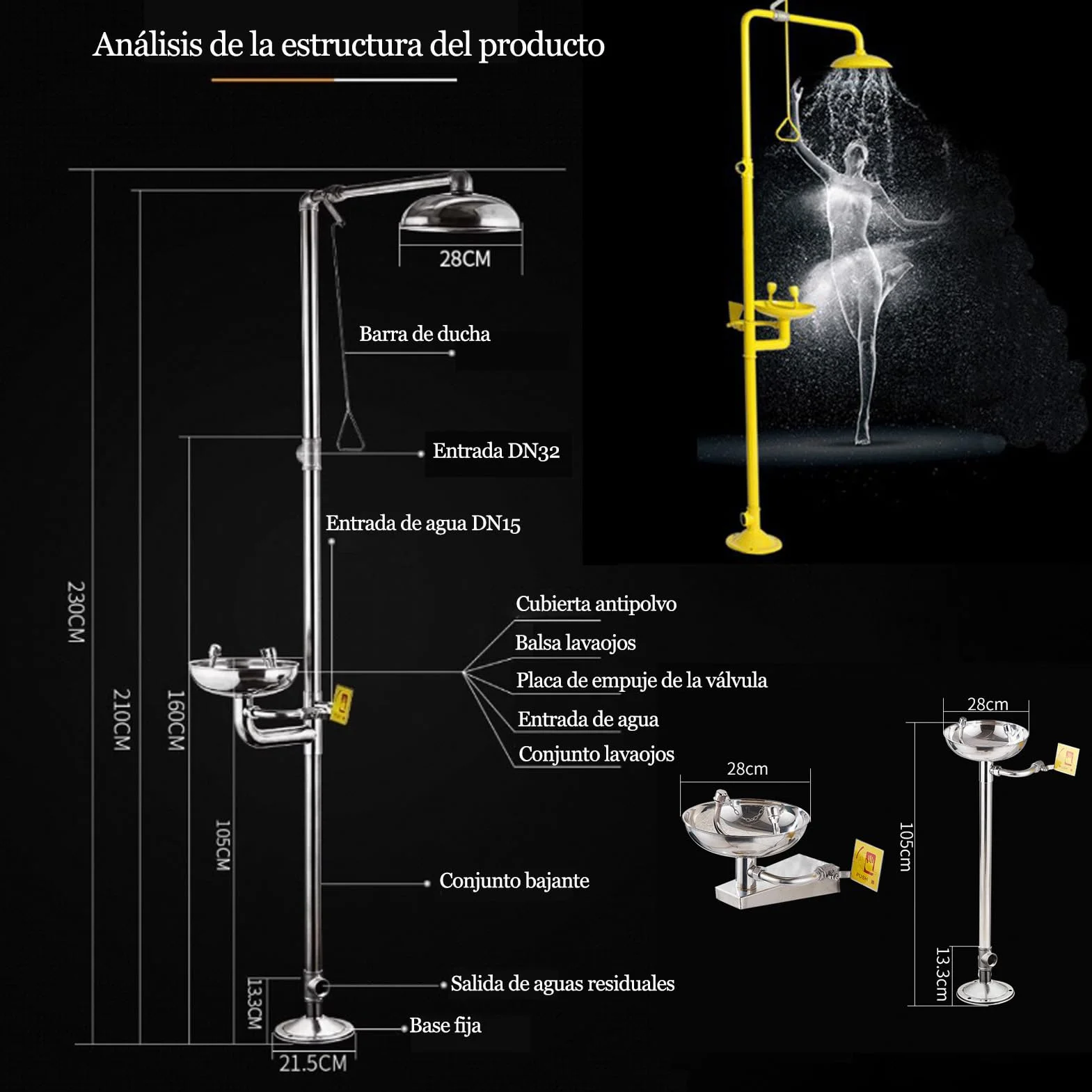 Estación de ducha y lavaojos de emergencia 2 en 1,Combinación de ducha de emergencia con sistema de lavado de ojos para fábrica, oficina, laboratorio y uso industrial