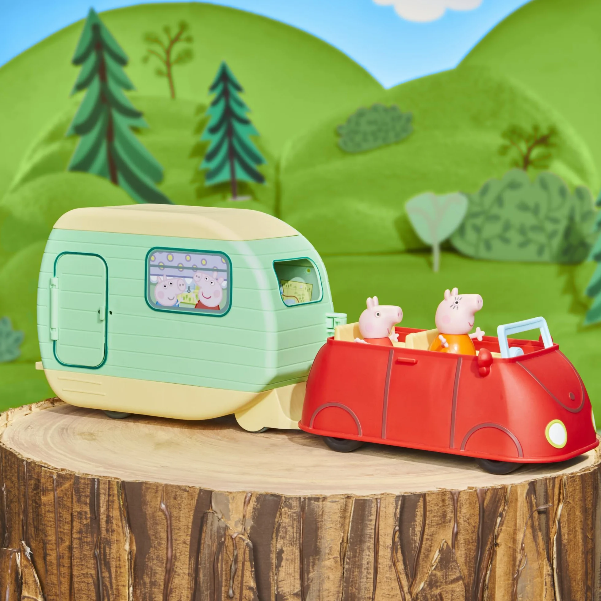 Peppa Pig Set de Juego Aventura en Carretera Caravana de Juguete con 3 Figuras Peppa George y Birgit para Niños 3 Años o Más