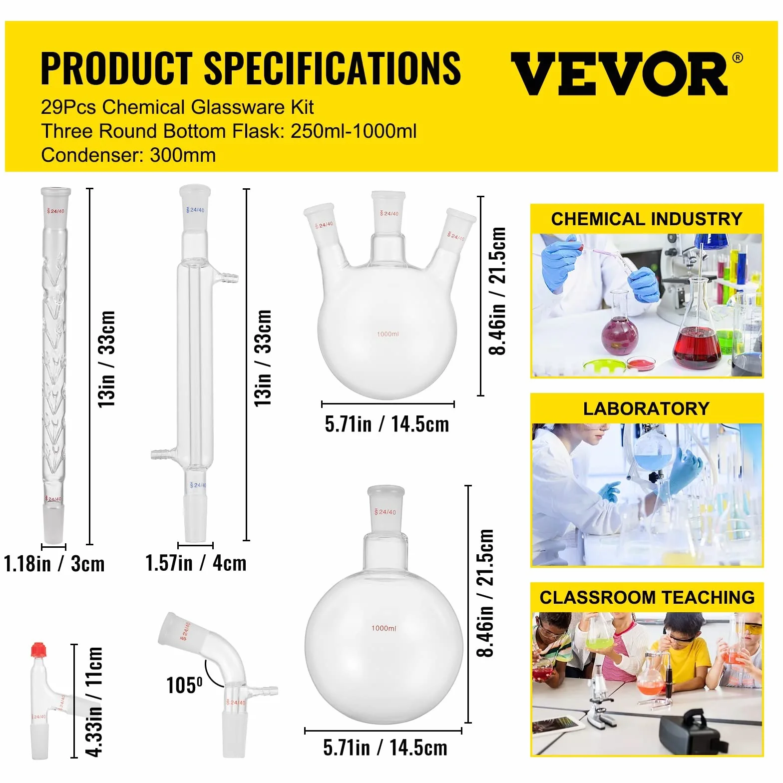 VEVOR Kit de Destilación de Laboratorio de Vidrio Boro 3.3, 1000 ml, 29 Piezas, con 24 y 40 Compuestos