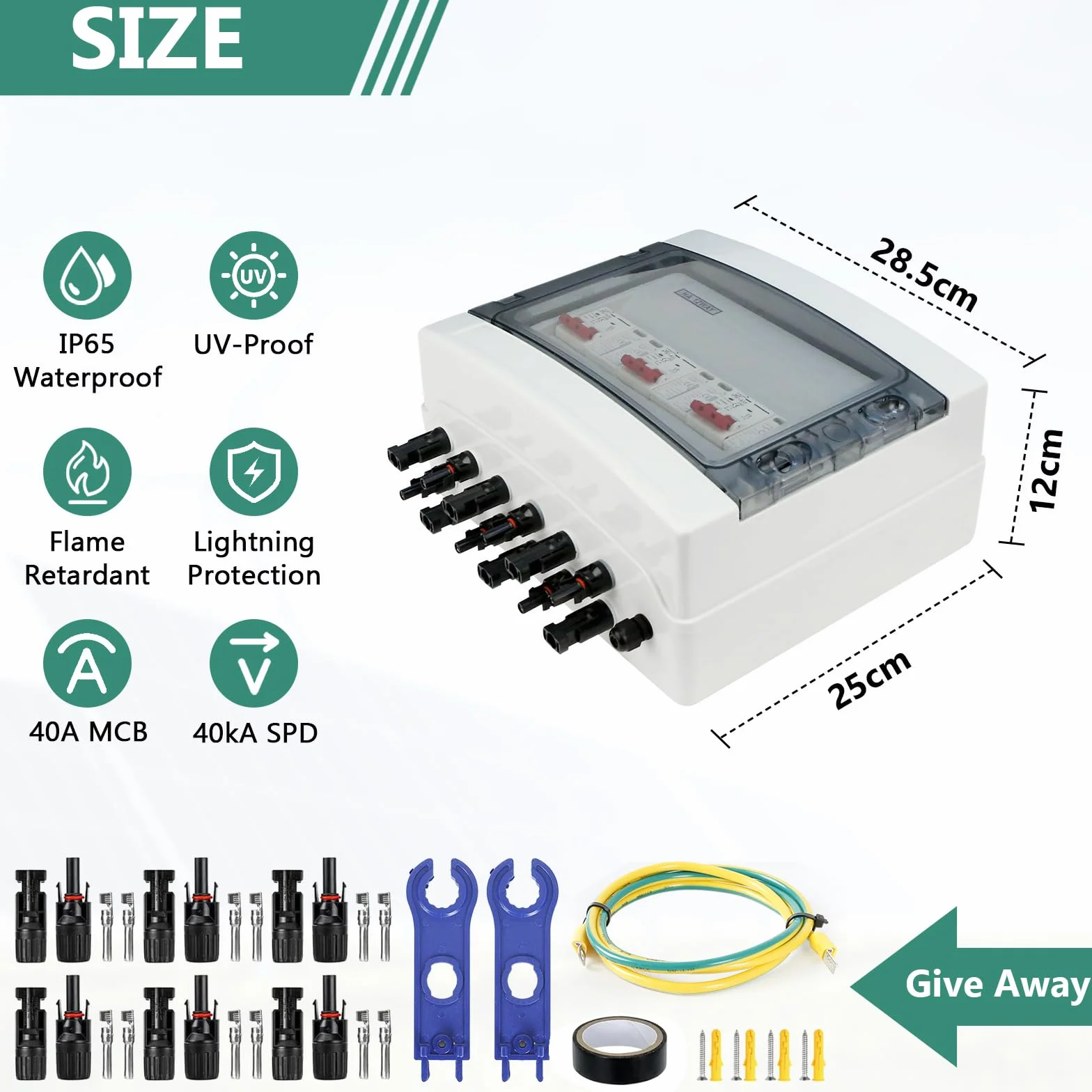 Protección Contra Sobretensiones Fotovoltaica, Disyuntor CC 40 A/1000V, Disyuntor de Protección contra Rayos(2 In 2 Out), Caja de Conexión Solar Fotovoltaica IP65 a Prueba de Agua