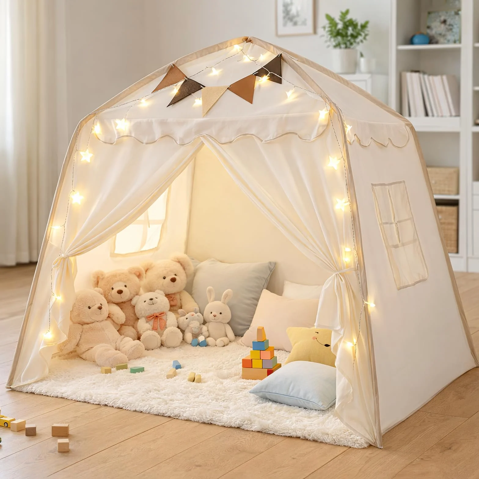 Tienda Campaña Infantil Tipi Cabañas para Niños con Luces y Banderas Casa de Juegos Carpa de Princesa Grande Regalo con Ventanas