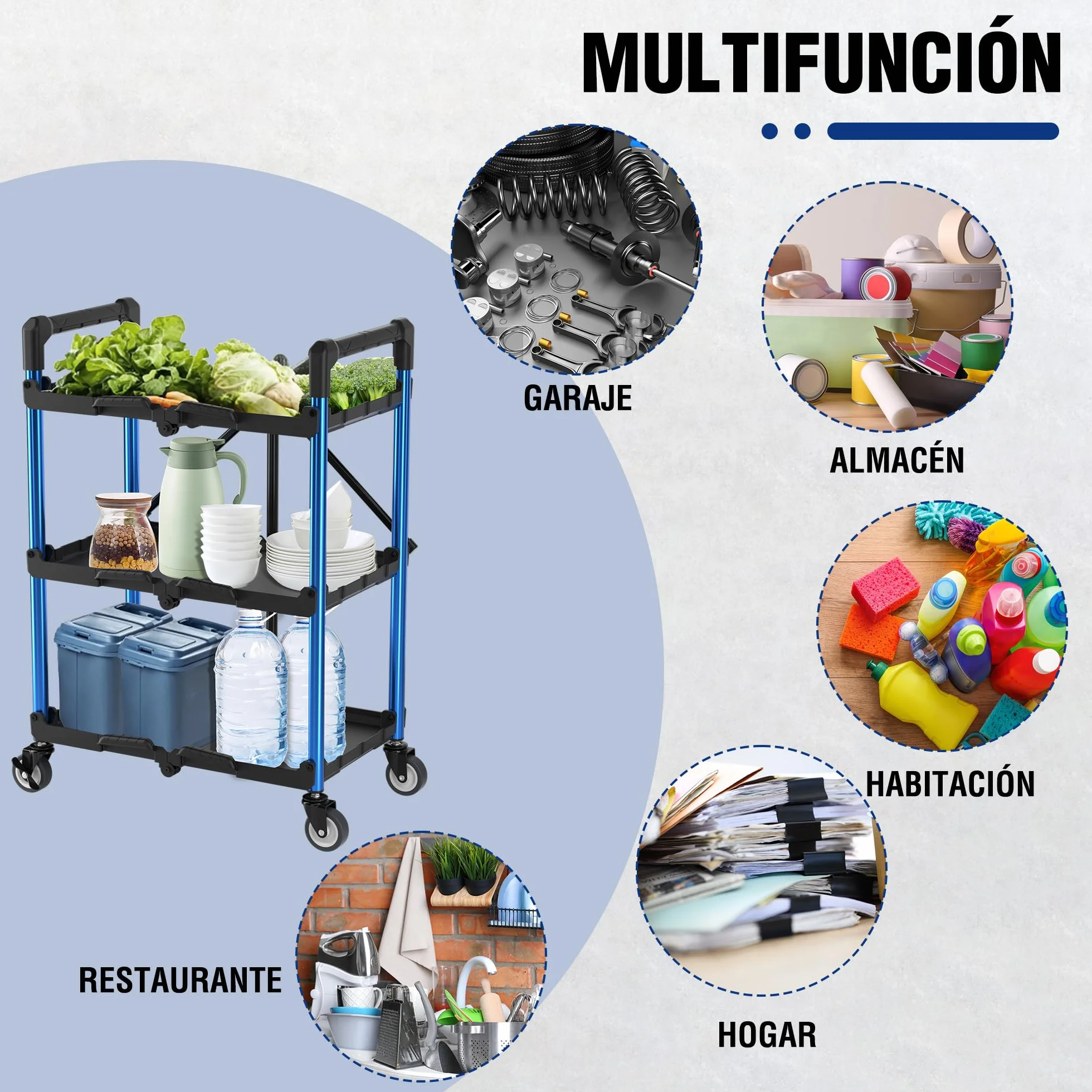 WORKPRO Carro de Servicio Plegable 3 Niveles, Capacidad de 96 kg, Carro Portátil para Herramientas, Ideal para Garaje, Almacén, Hogar, Restaurante, Oficina (Sin Montaje)