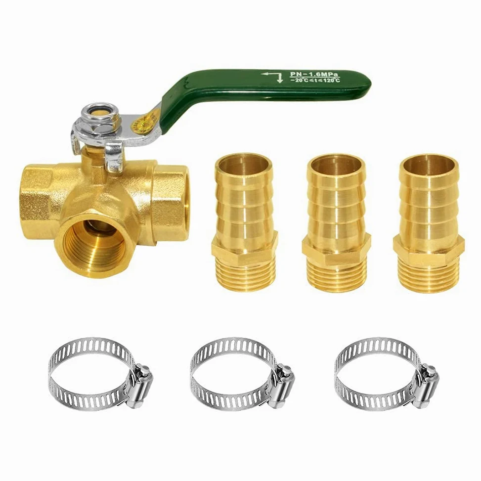 Joywayus Válvula de bola de rosca de 1/2 "G de 3 vías de cierre de puerto en L con manguera de 1/2" T en forma de T de latón de ajuste de un interruptor
