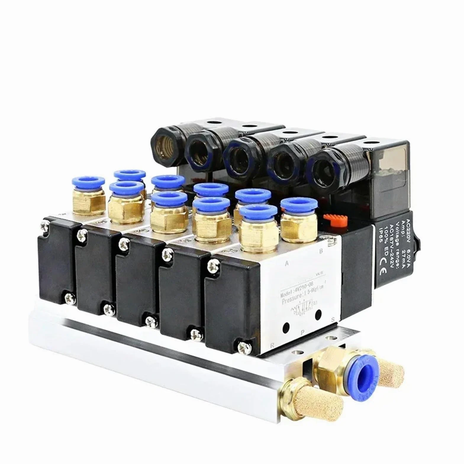 Bloque de electroválvula neumática 4V210-08, 12/24 V CC, 110/220 V CA, opción múltiple, con Base de Montaje y colector de 2/3/4/6 vías(5 Position 6mm Fitting,AC110V)