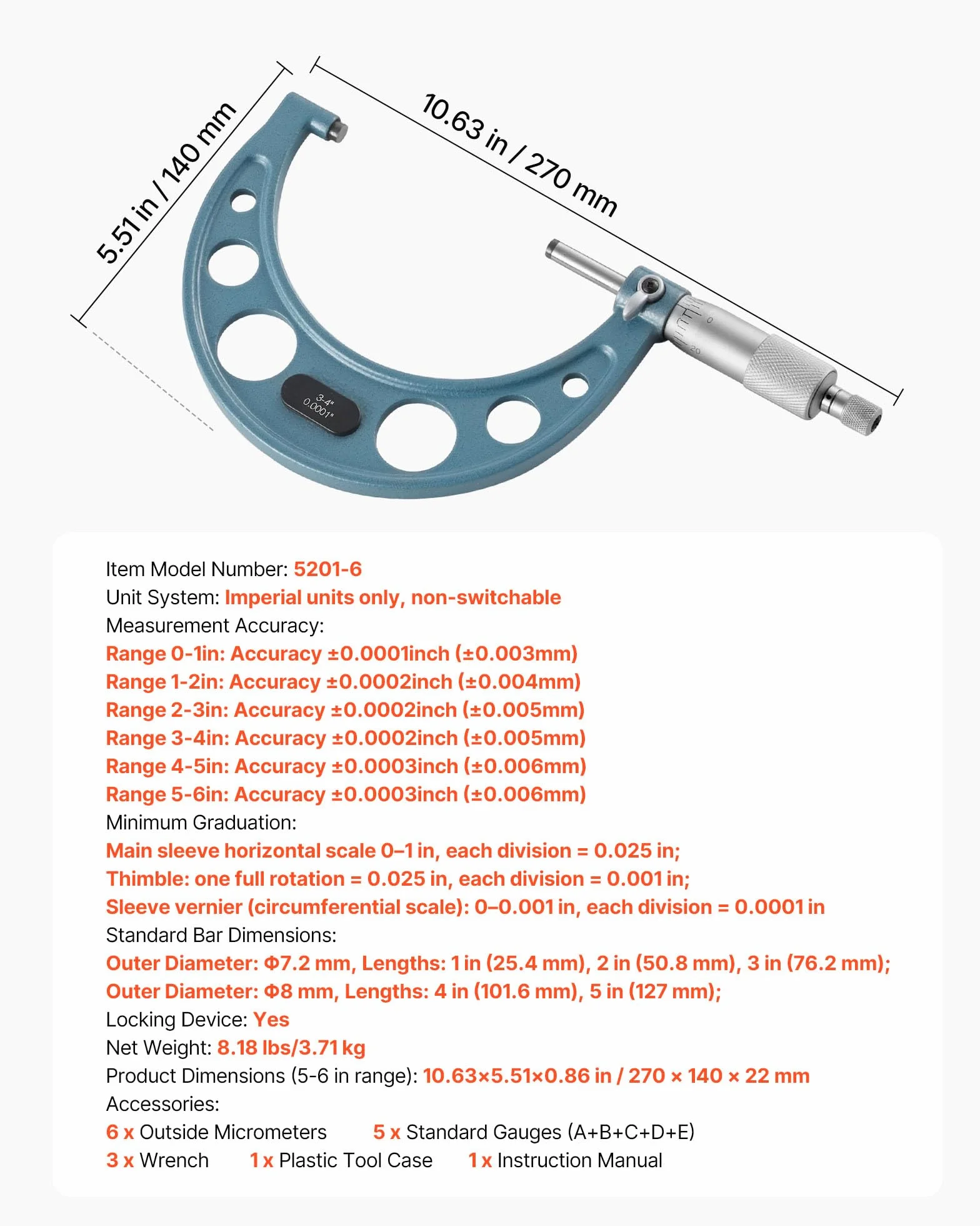 VEVOR Juego de 6 Micrómetros para Maquinista 0-15,24 cm, Precisión de 0,003 mm, Diseño Mecánico, Herramientas Profesionales con Estuche Protector, para Metalurgia e Ingeniería, 270 x 140 x 22 mm