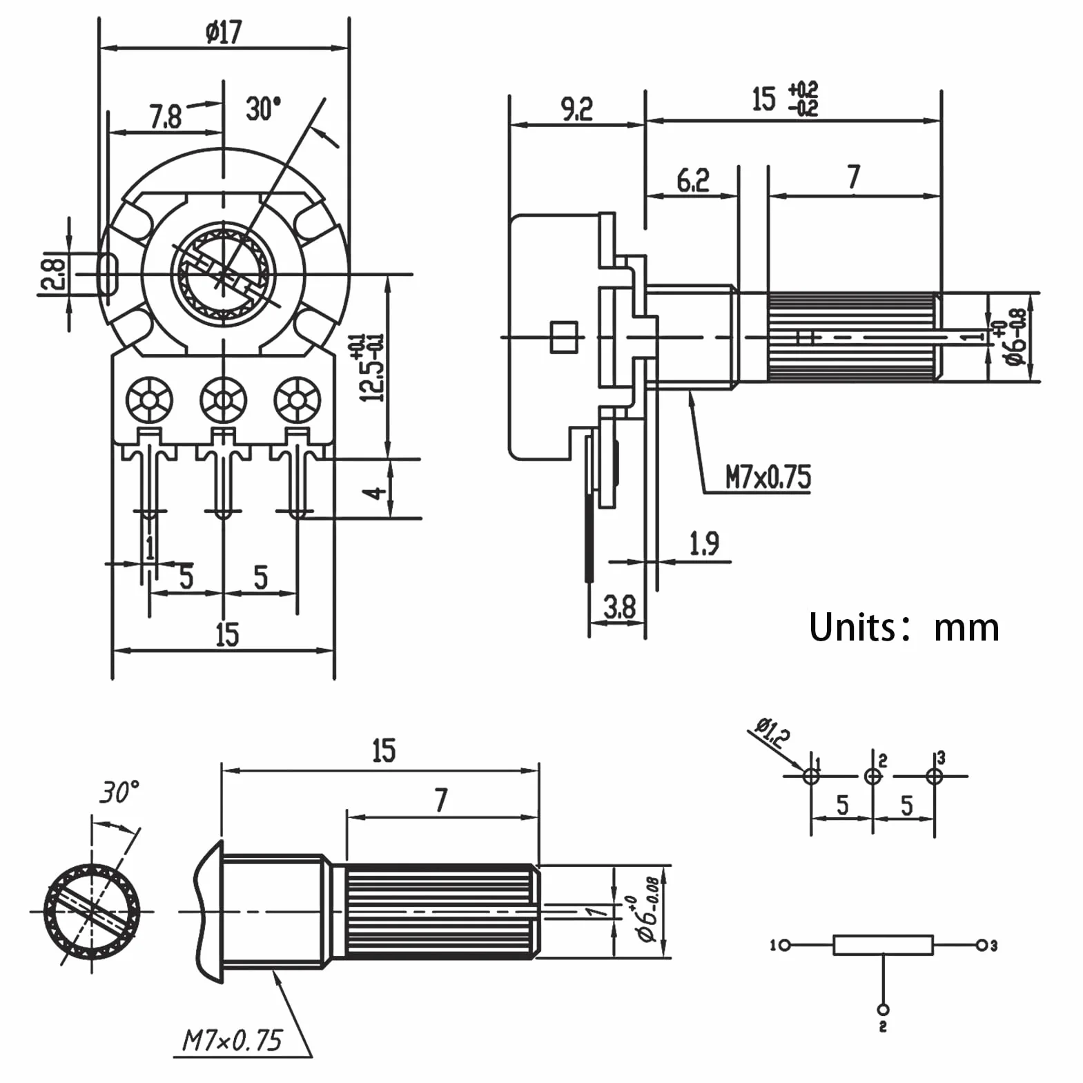 WH148 B10K 10K Ohm Potenciómetro Lineal Rotativo Cónico 3 Piezas con Cable
