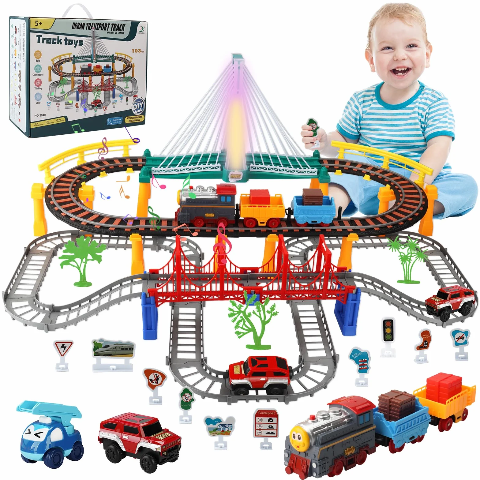 Juego de Tren para Niños 141 Piezas Tren Eléctrico con Rieles, Luces y Sonidos, Juguete de Pista para Coches, Regalo 3-8 Años