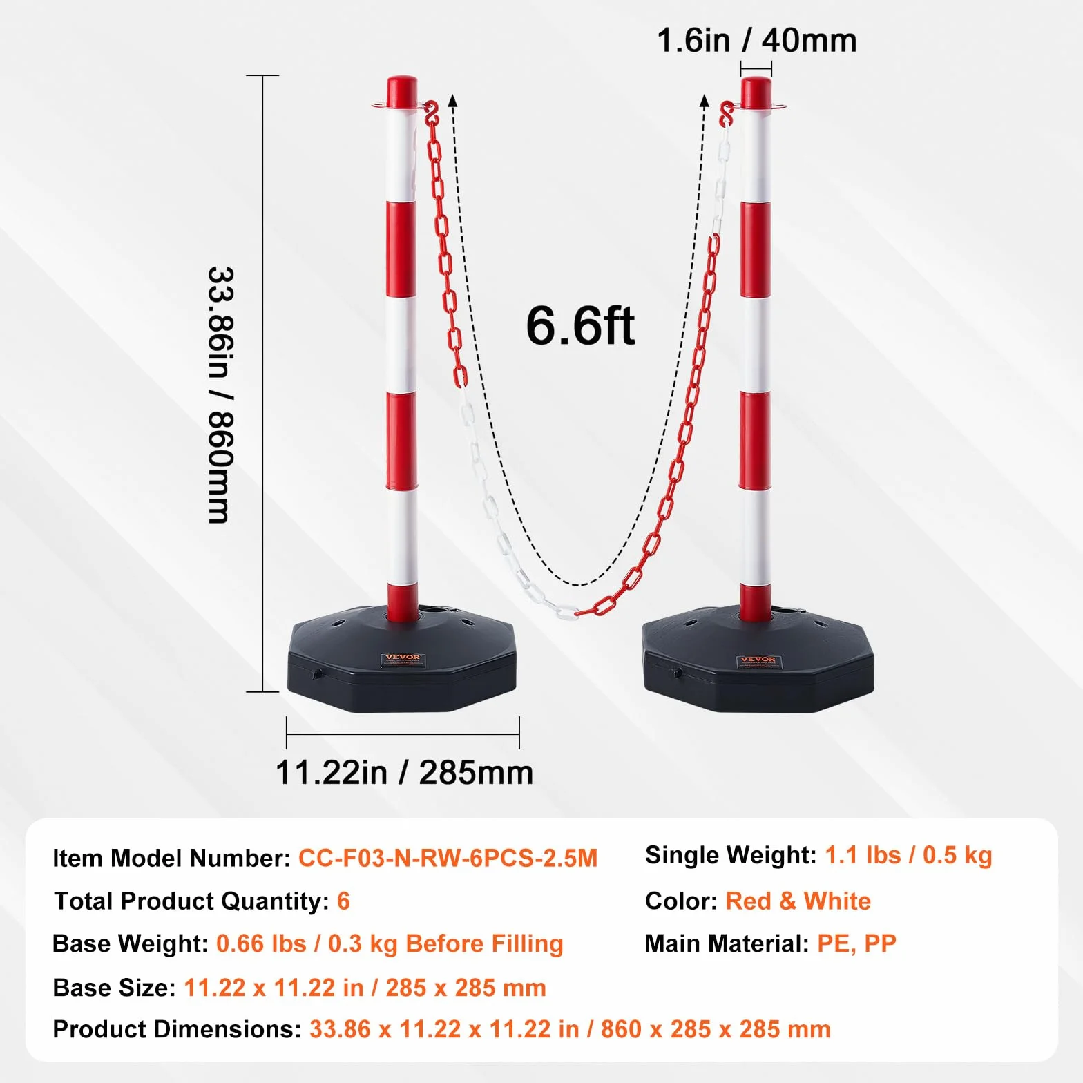 VEVOR Poste de Tráfico 6 Piezas Cono de Altura Ajustable Cadena 2 m Control de Tráfico Rojo y Blanco