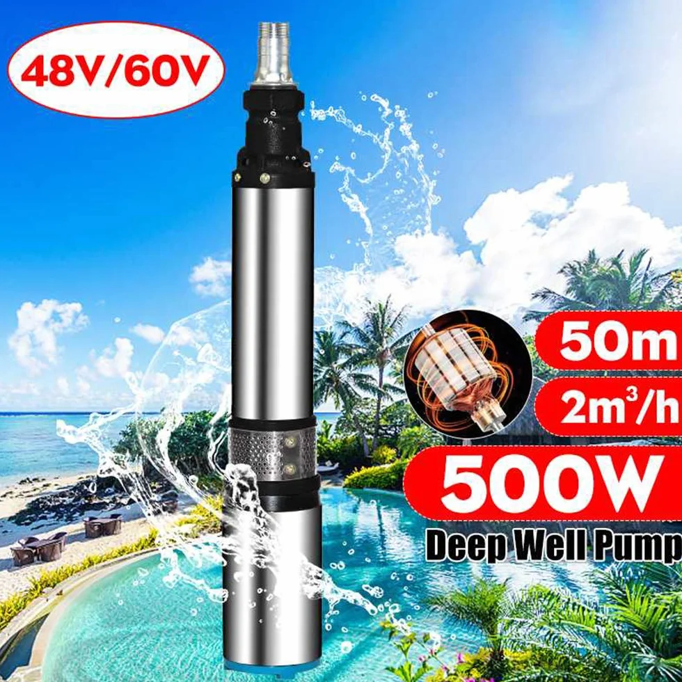 Bomba de Agua Solar 500W 48V/60V, Acero Inoxidable y Hierro Fundido, Submersible, 2m³/h, 50m, 25mm, 78mm x 495mm, Alta Presión, para Jardín e Irrigación Agrícola