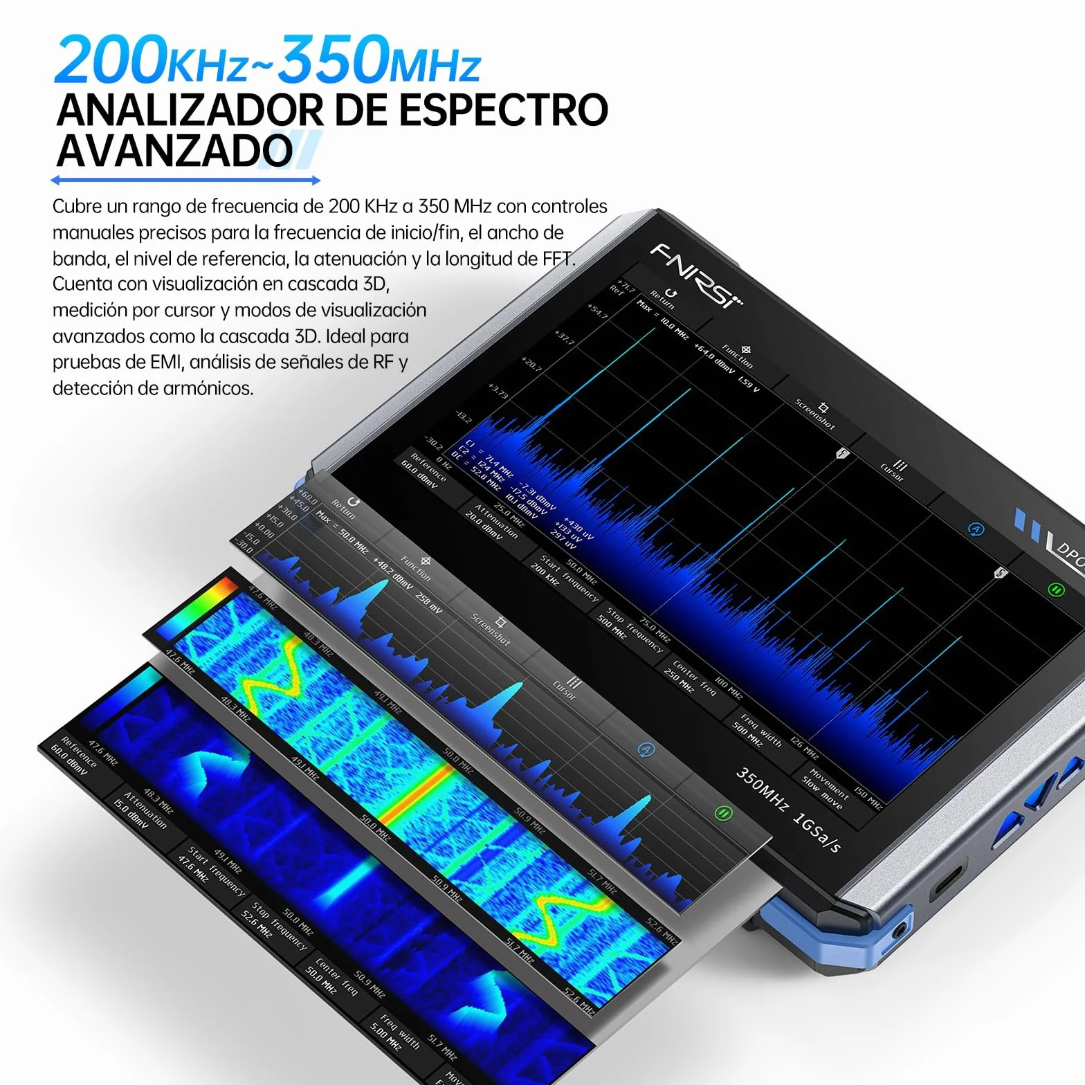 FNIRSI DPOS350P Osciloscopio de Tableta 4 en 1 de 350 MHz, Analizador de Espectro de 200 KHz~350 MHz, Analizador de Respuesta de Frecuencia y Generador DDS, Osciloscopio Portátil de 2CH y 1 GSa/s