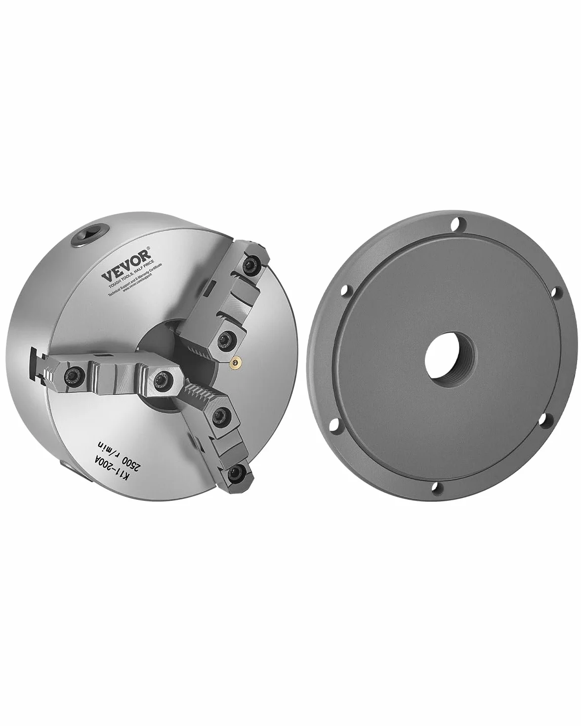 VEVOR Mandril de Torno de 3 Mordazas Diámetro Exterior de 200 mm, Autocentrante con Placa de Soporte Roscada, Rango de Sujeción de 4-200 mm con Tornillos de Llave en T para Torno de Madera y Metal