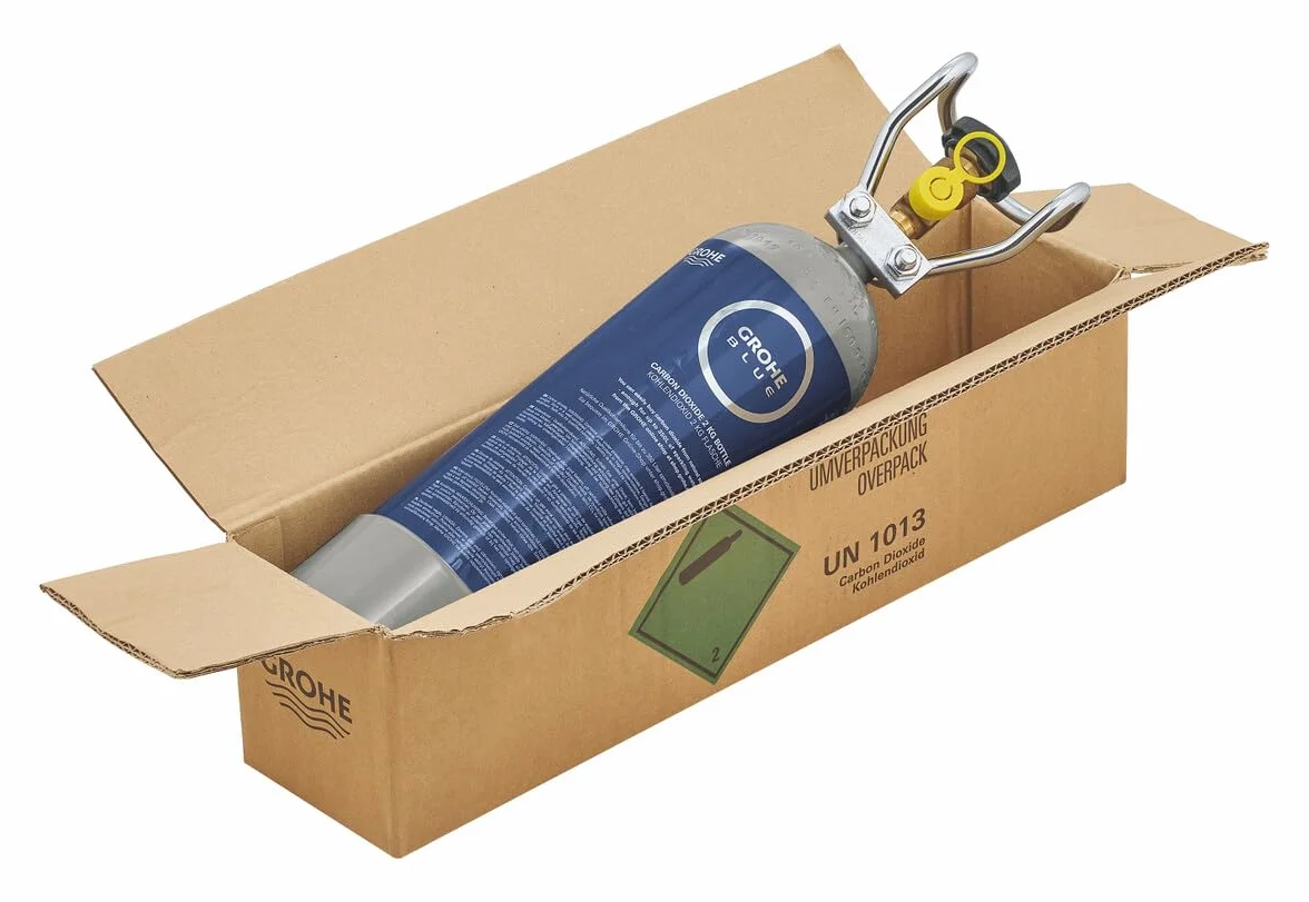 GROHE Blue, Bombona de CO2 de 2 kg para hasta 350 l de agua con gas (CO2 apto para uso alimentario, uso universal, válvula de presión residual integrada y asa de transporte de seguridad), 40423000