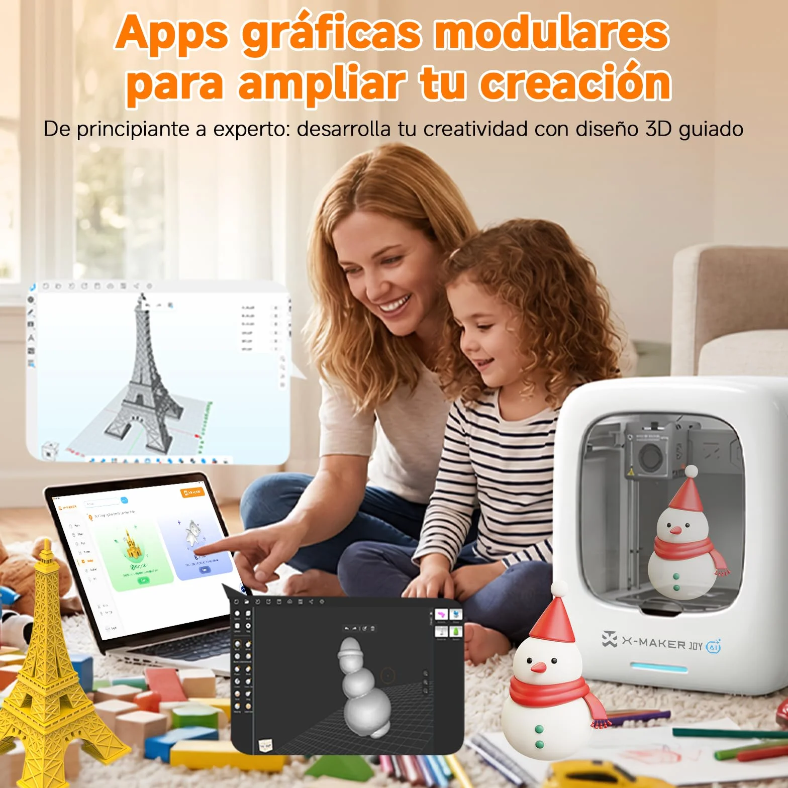 Impresora 3D con IA, 8 Rollos de Filamento PLA, App de Diseño Inteligente, Plantillas 3D y 16 Módulos Mini, Control por App, Time-Lapse, Uso Doméstico