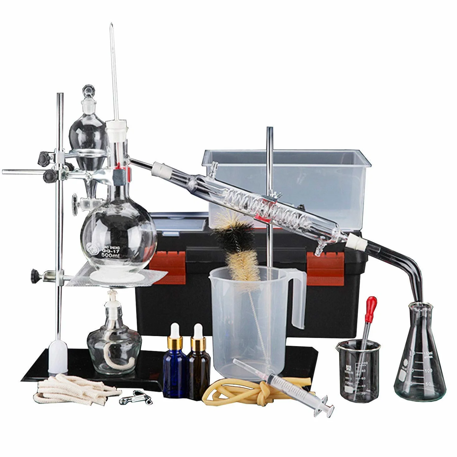 Juego De Unidades De Destilación Cristalería De Laboratorio Ciencia 500ml Destilador Purificación De Rocío Puro Fabricación De Aceites Esenciales Alcohol Filtro De Agua Destilada Equipo De 44pcs Set