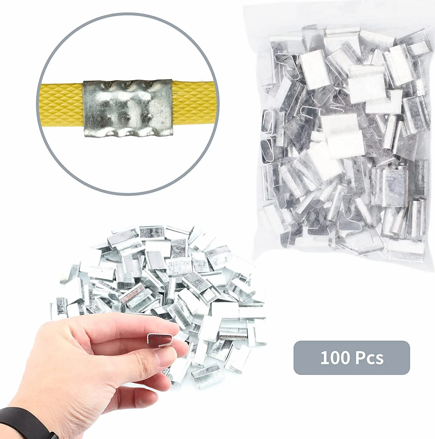 Juego de máquina flejadora de alicates, sellador de tensor de fleje de PP/PET, sellado de empaque manual 2 x 100M de fleje de PP, 100 hebillas y 100 protectores de bordes