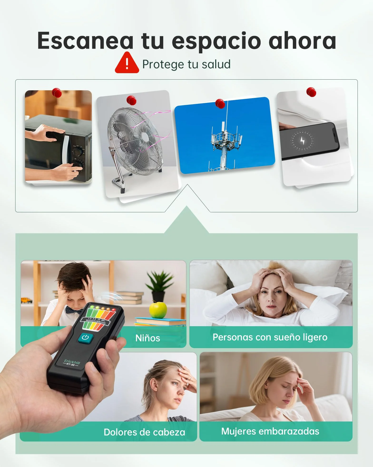 ERICKHILL EMF Medidor, Equipo de Caza de Fantasmas para Investigaciones Paranormales, Detecteur EMF Portátil 30Hz–20000Hz con 5 Niveles LED, Medidor de Radiación para Hogar, Oficina y Exteriores