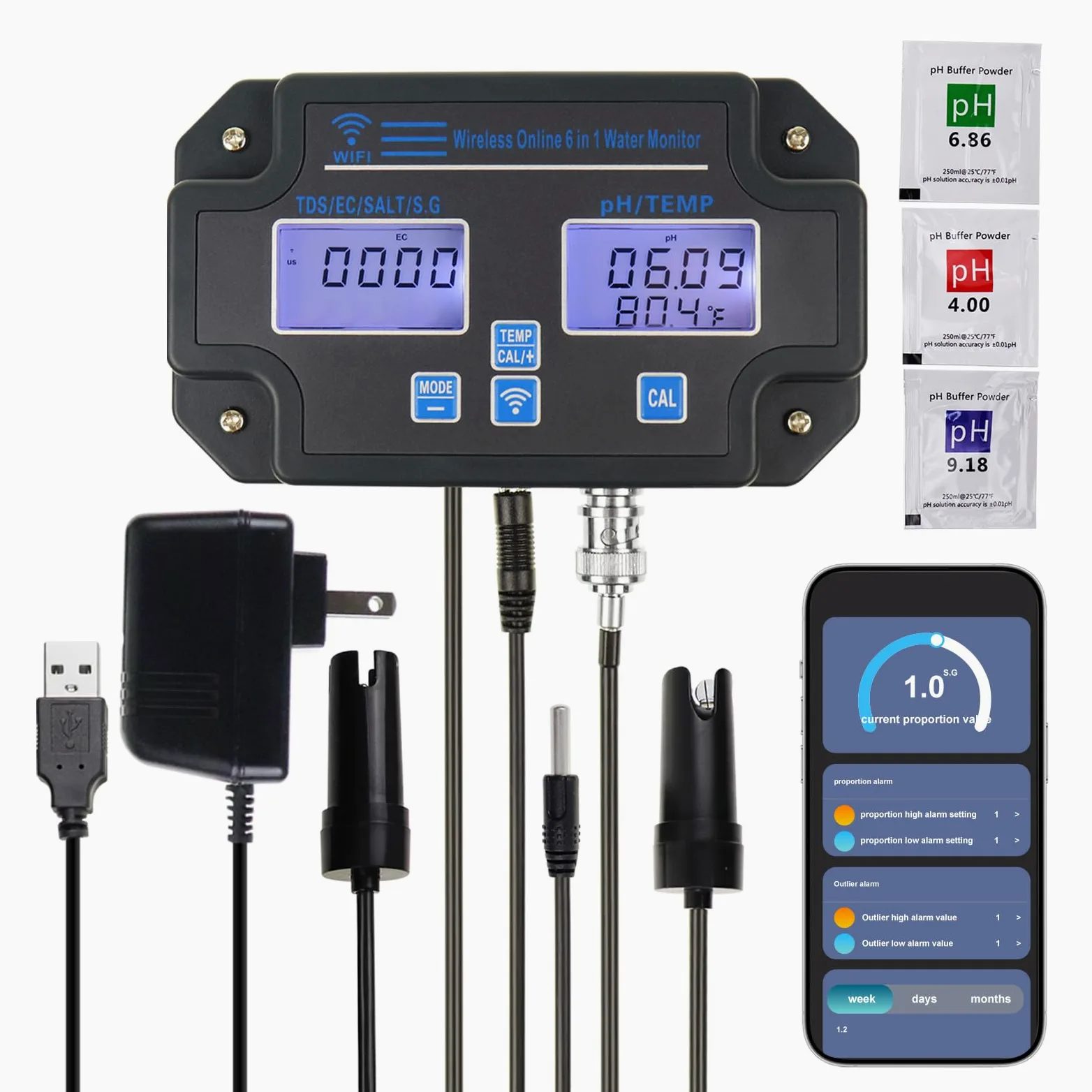 Monitor Profesional 6 en 1 para Medir la Calidad del Agua pH, TDS, EC, Salinidad, SG y Temperatura Sensor Inteligente Wi-Fi con Aplicación y Eegistro de Datos para Acuarios e Hidroponía