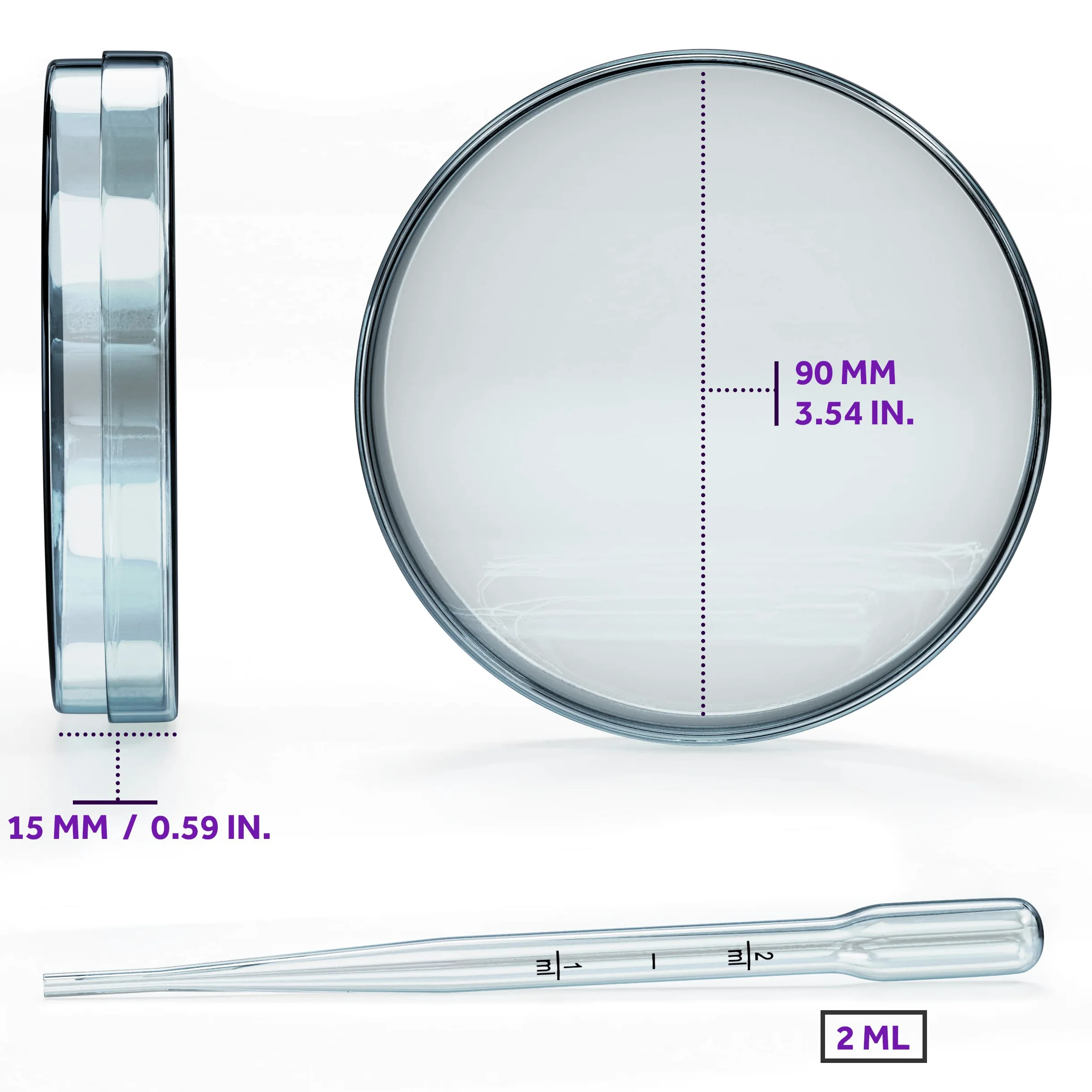 MyMed 100 placas de Petri estériles irrompibles con tapa (90 x 15 mm), pipetas de plástico de 2 ml para análisis de laboratorio, proyectos escolares, muestras de sangre, bacterias, plantas y cultivo