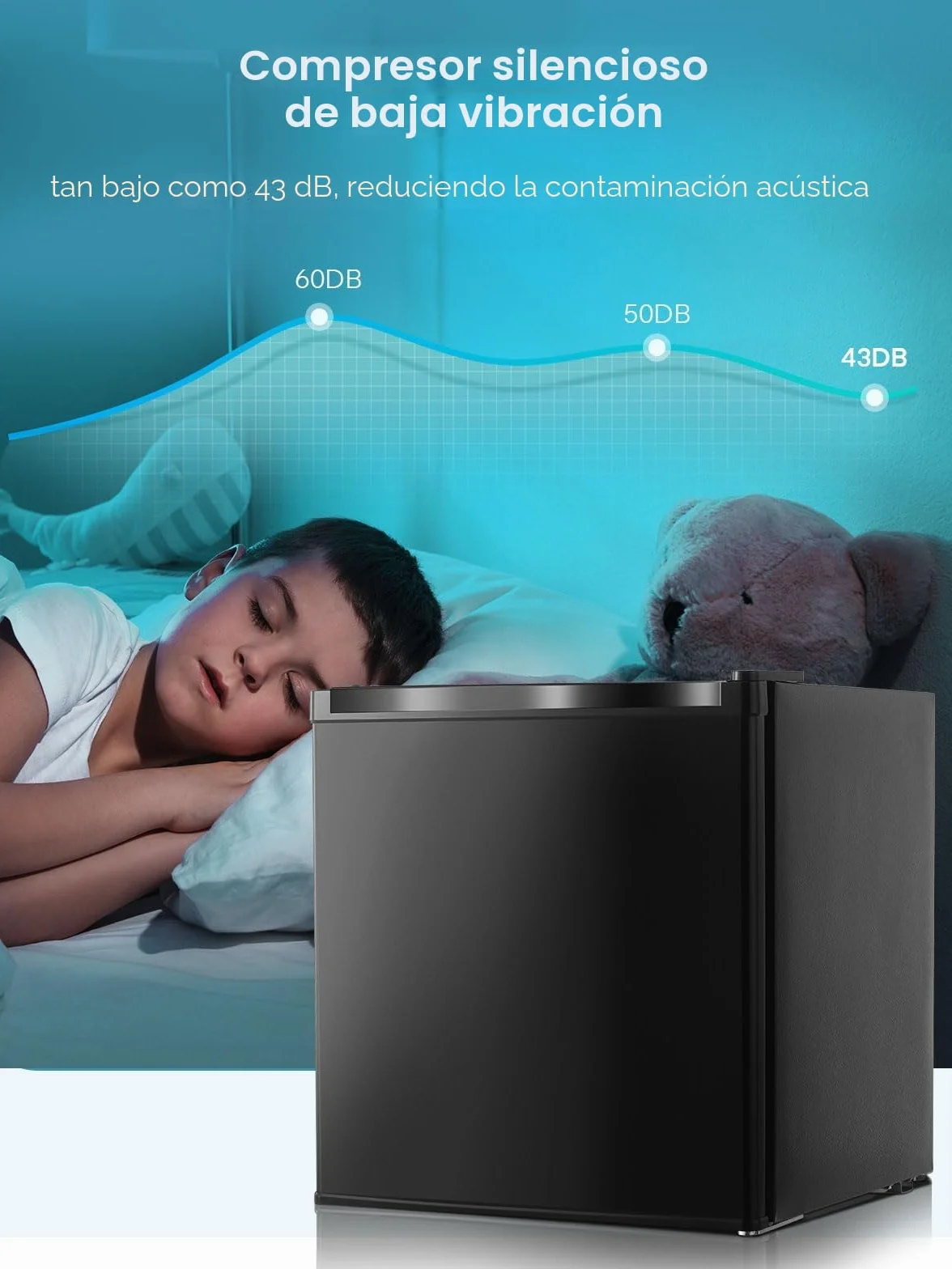 FOHERE Mini Congelador 32L, Congelador Pequeño con Estante de Vidrio, Puerta Reversible, 7 Niveles de Ajuste de Temperatura, Negro