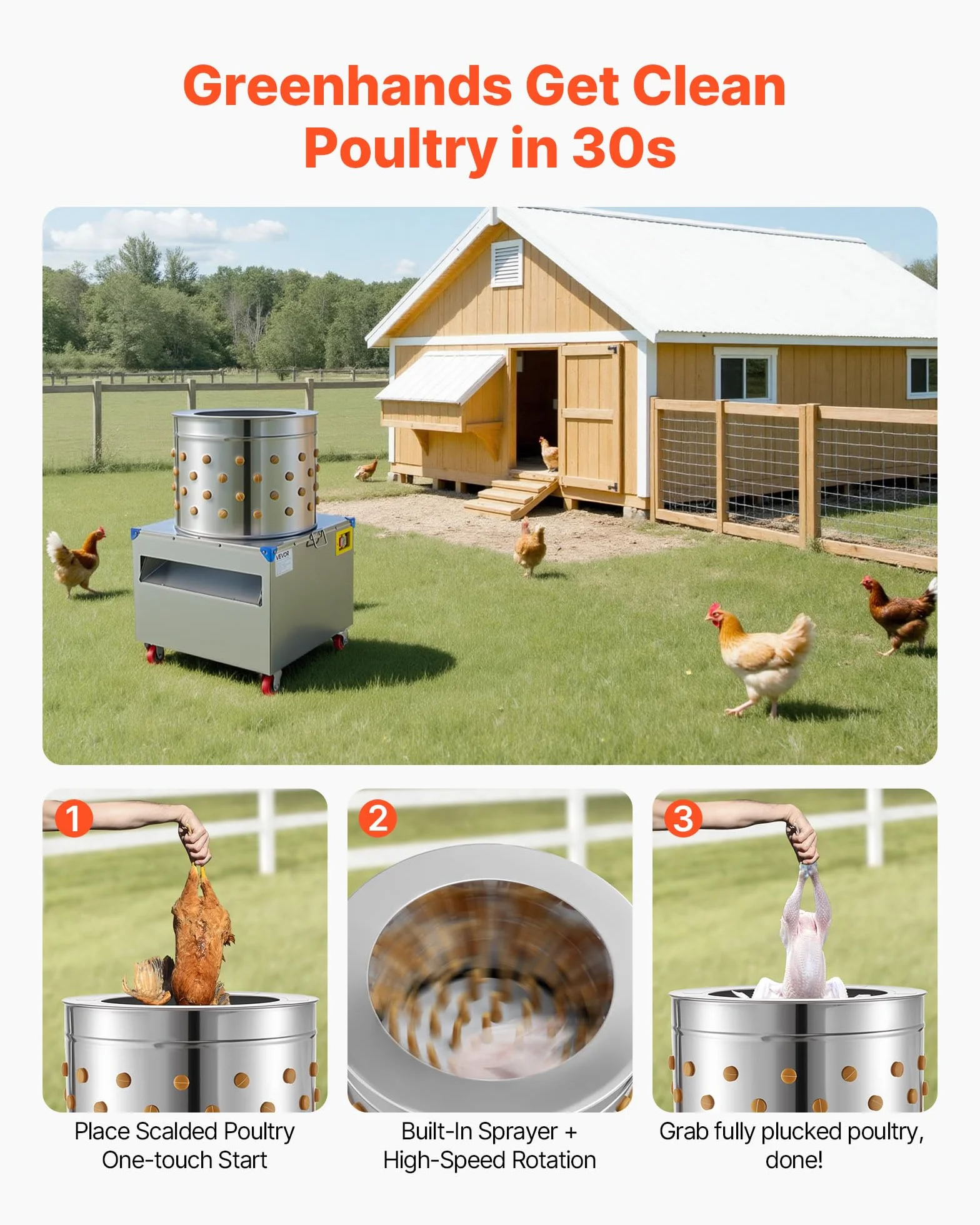 VEVOR Desplumadora Eléctrica de Pollos, Tambor 50 cm, 1500 W, 275 RPM, con 106 Dedos Suaves y Ruedas de Transporte, Acero Inoxidable, para Procesar de 2 a 4 Pollitos a la Vez, 560 x 560 x 890 mm