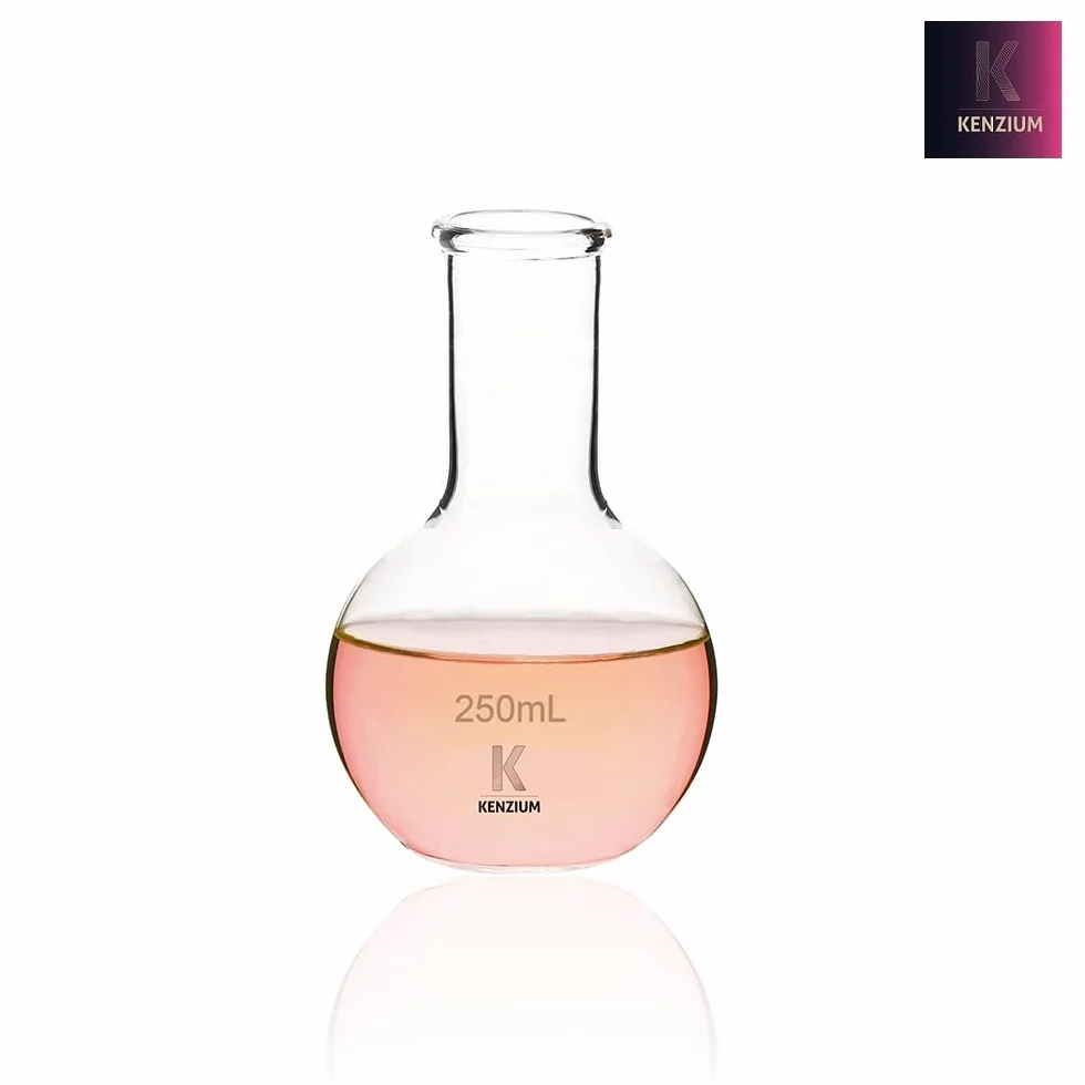 KENZIUM – 2 x Matraz Esférico de Fondo Plano | 1 x 250 ml & 1 x 500 ml | Vidrio Borosilicato 3.3 | Cuello Estrecho | Alta Resistencia, Ideal para Ebullición y Uso en Laboratorio