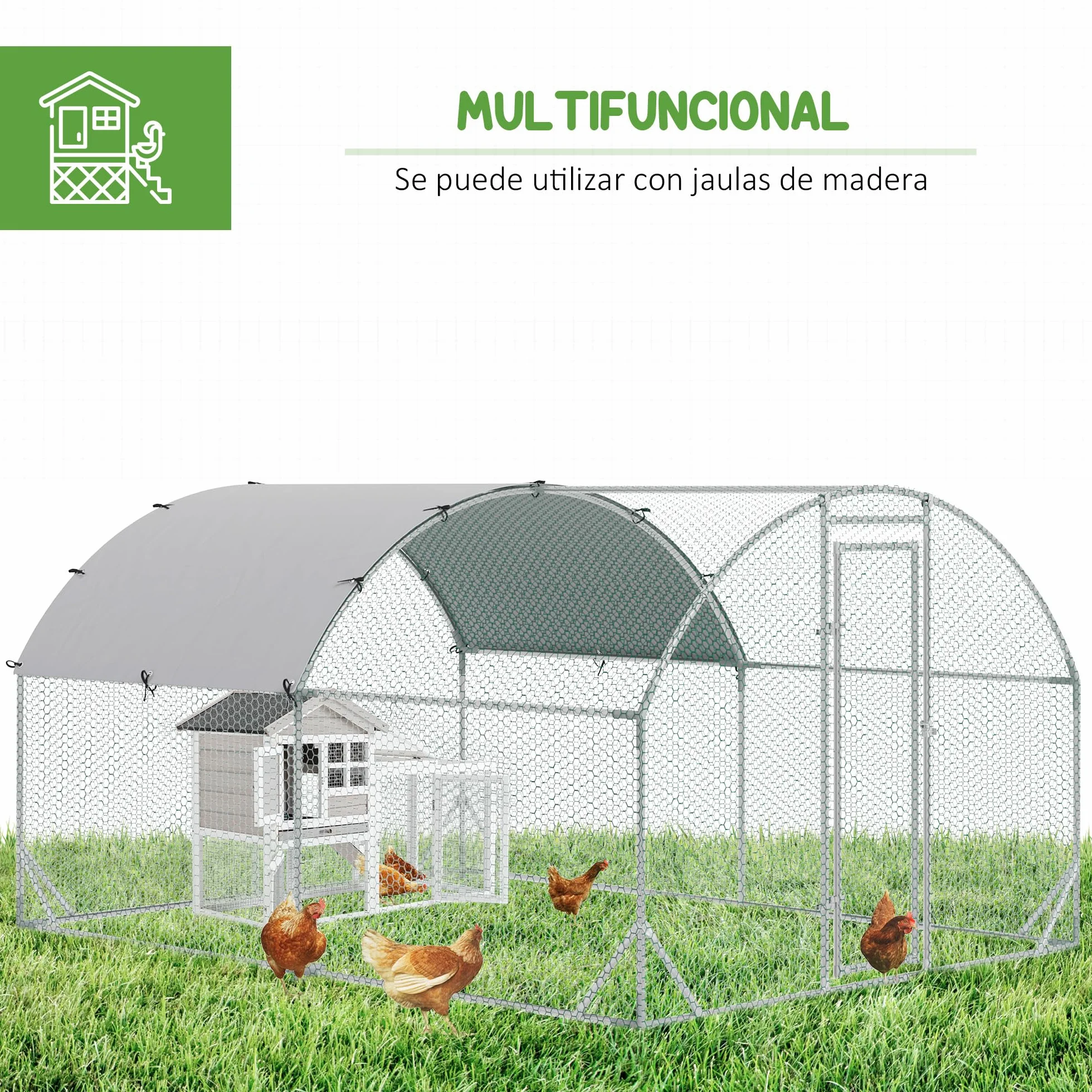 PawHut Gallinero para Exterior Grande 2,8x3,8x1,97 m Jaula para 6-12 Gallinas de Acero Galvanizado con Techo de Tela Oxford Corral y Cerradura para Conejos Aves Plata